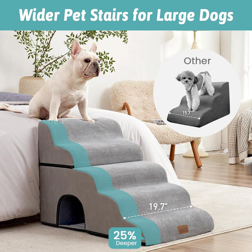 COZY KISS Extra Wide Small Dog Stairs with Tunnel, Pet Step for Bed, Grey