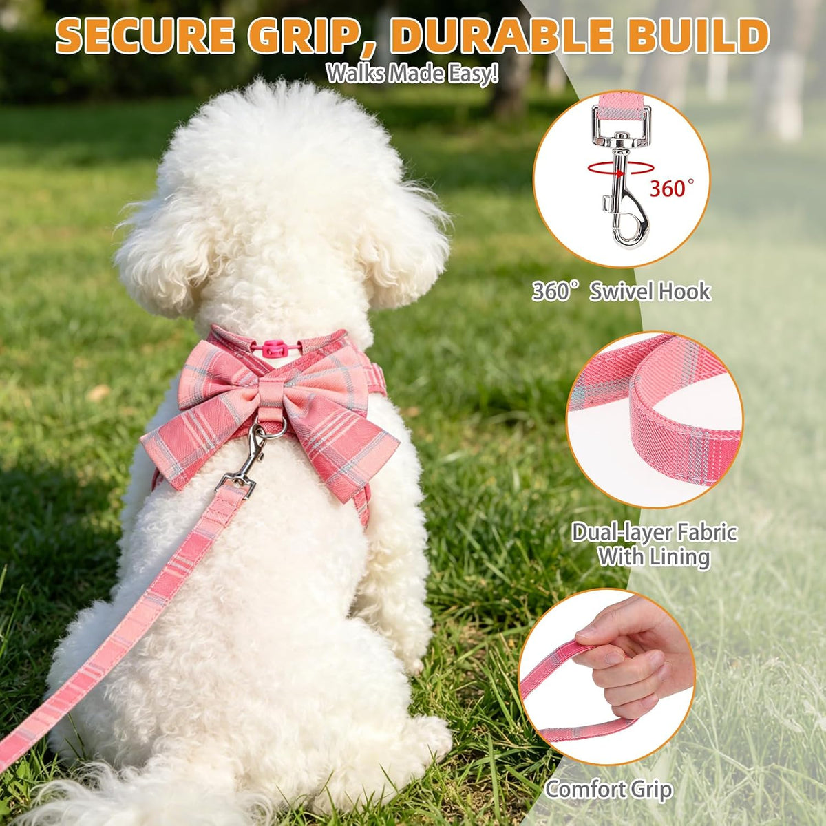 KOOLTAIL Small Dog Harness and Leash Set, Cute Puppy Vest Harnesses with Bowtie, Step in No Pull Soft Mesh Padded Adjustable Plaid Pet Harness for Extra-Samll Medium Dogs Cats, Boy Girl, Pink XS-M