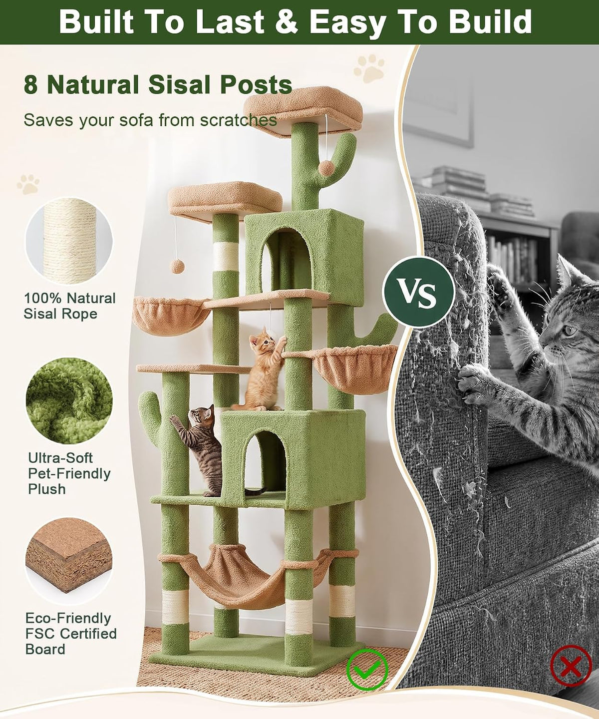 AMHANCIBLE Cactus Cat Tree, 70 Inch Tall Cat Tower for Indoor Cats