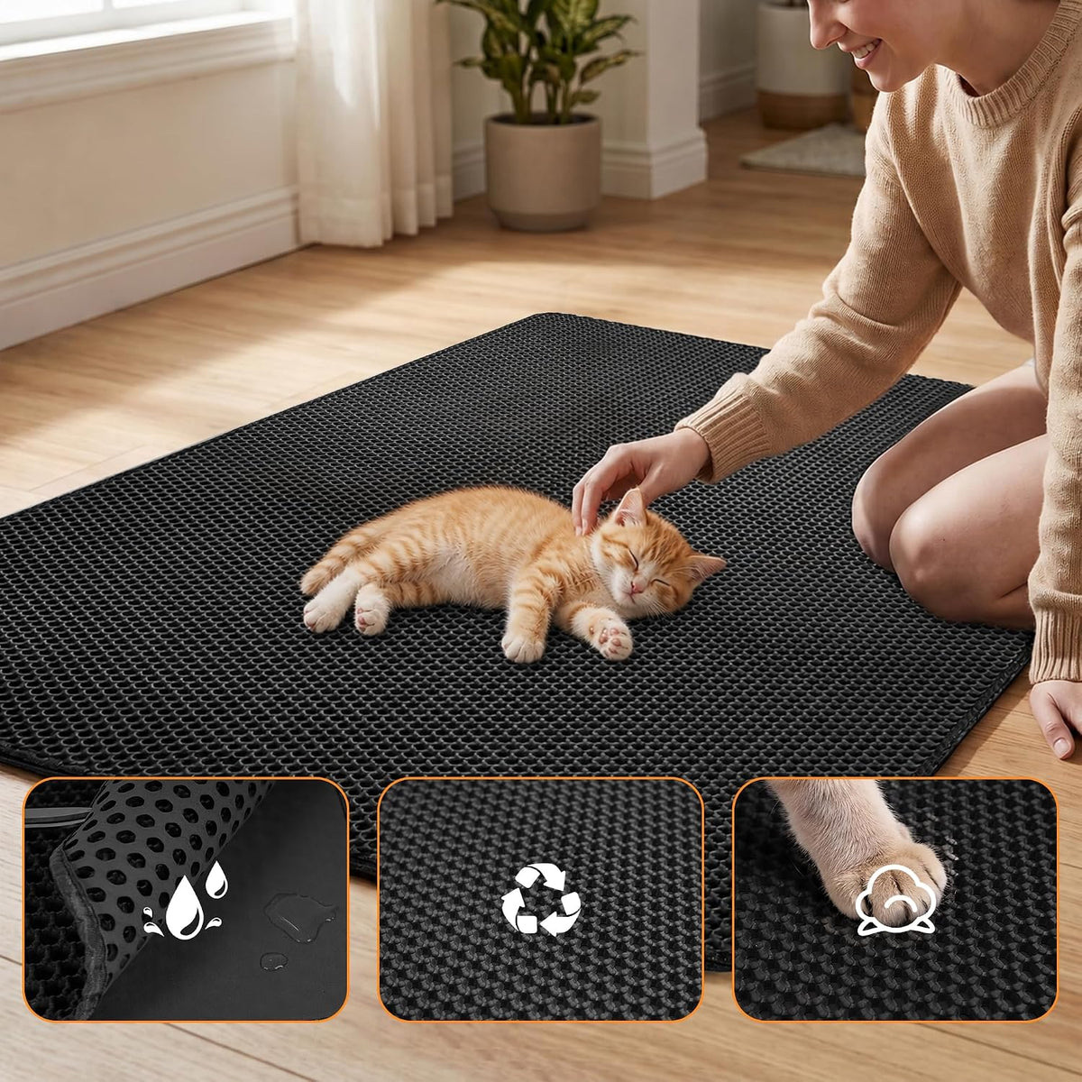 Cat Litter Mat 47"x33" Urine-Proof XL Litter Mat for Litter Box Mat | Large Cat Mat Double Layer Honeycomb Cat Litter Trapping Mat, Litter Matt Fits Litter Box, Easy Clean Rinse with Water Black