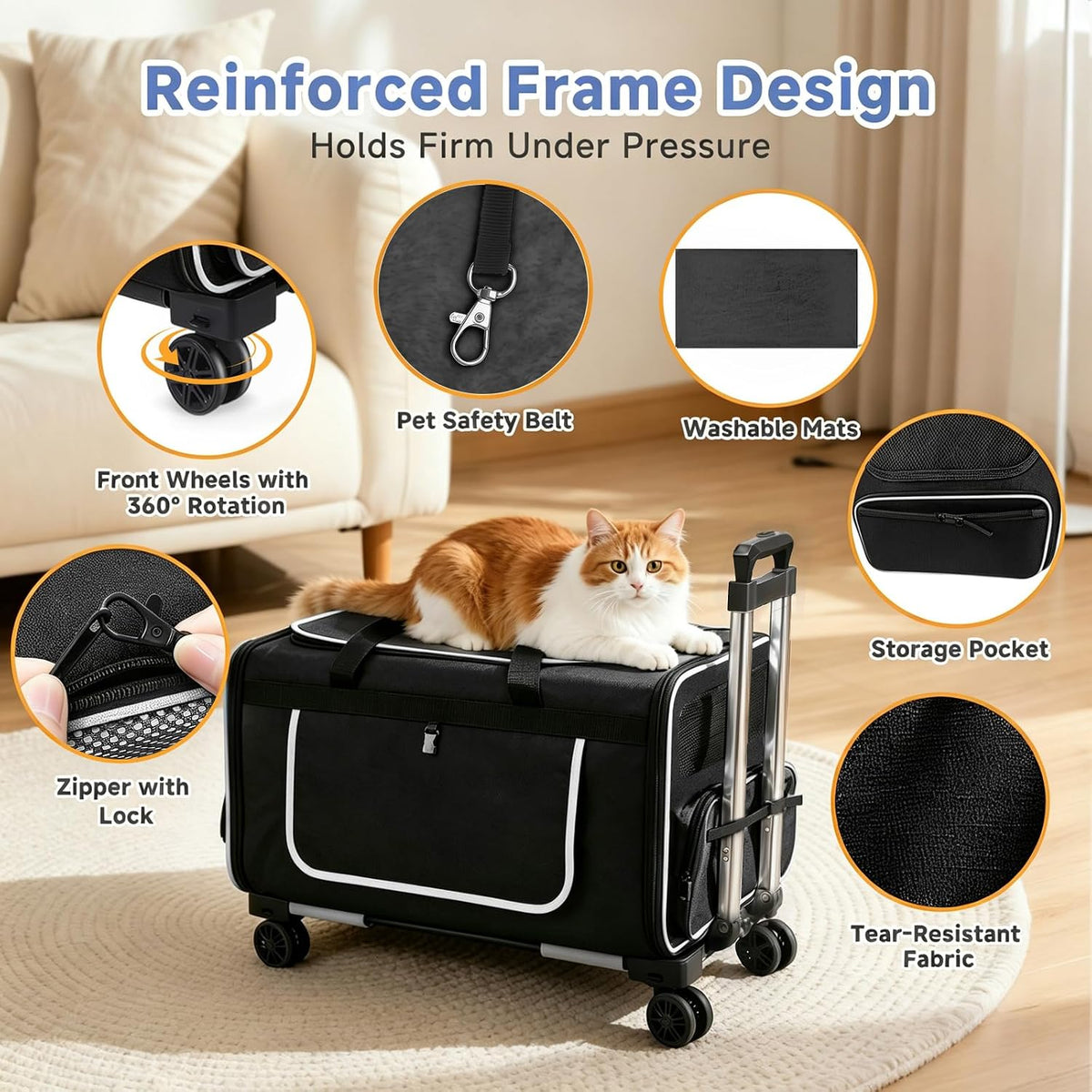 Large Pet Carrier with Detachable Wheels, 2 IN1 Foldable Soft-Sided Carriers- Designed for Dogs & Cats, Telescopic Handle, for Outdoor Car Indoor, Max. 44 LBS(Not for Airline)