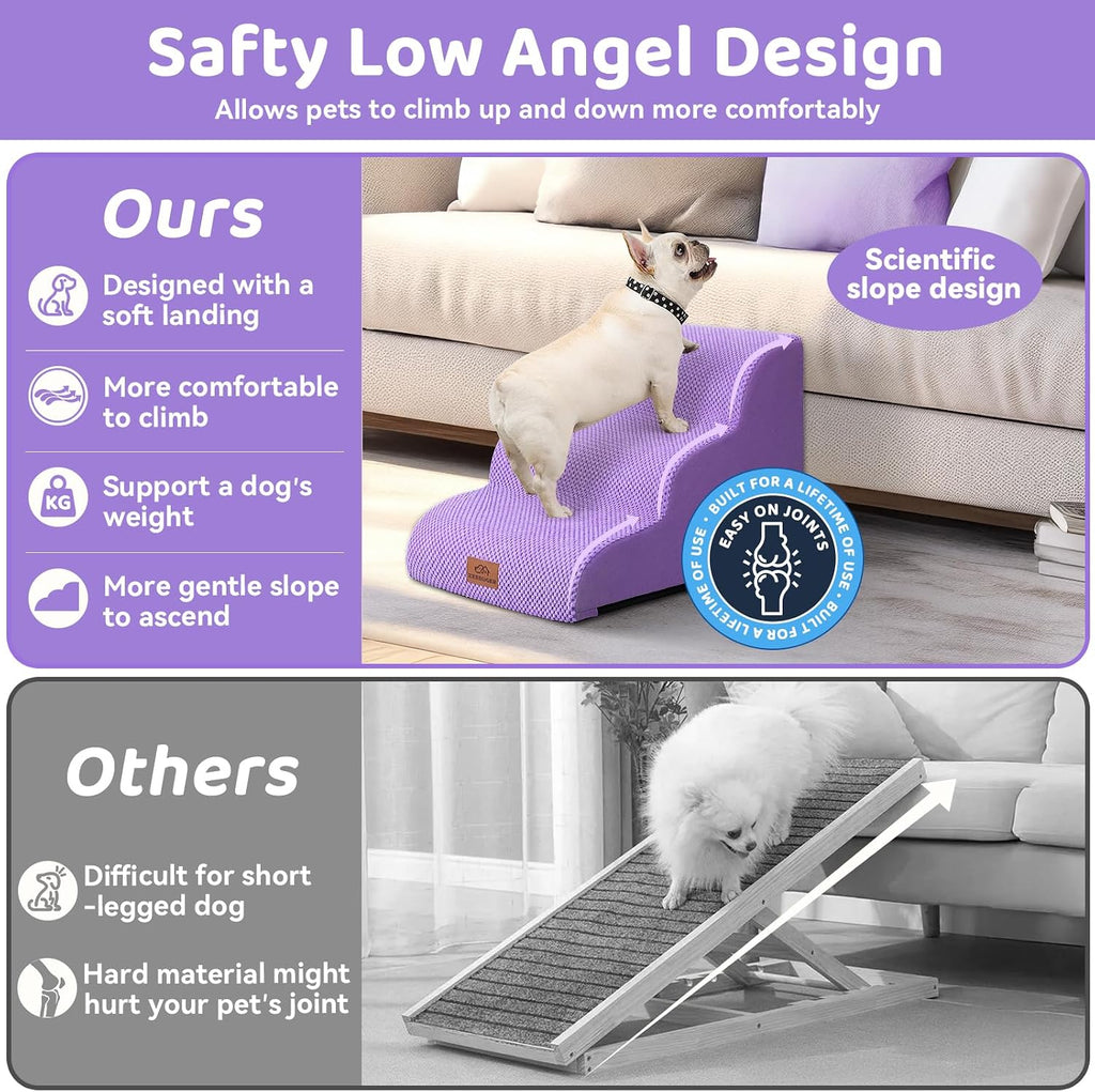 Zerbuger Dog Ramp and Stairs for Bed, Purple 3 Steps 16" H, Nonslip Cover