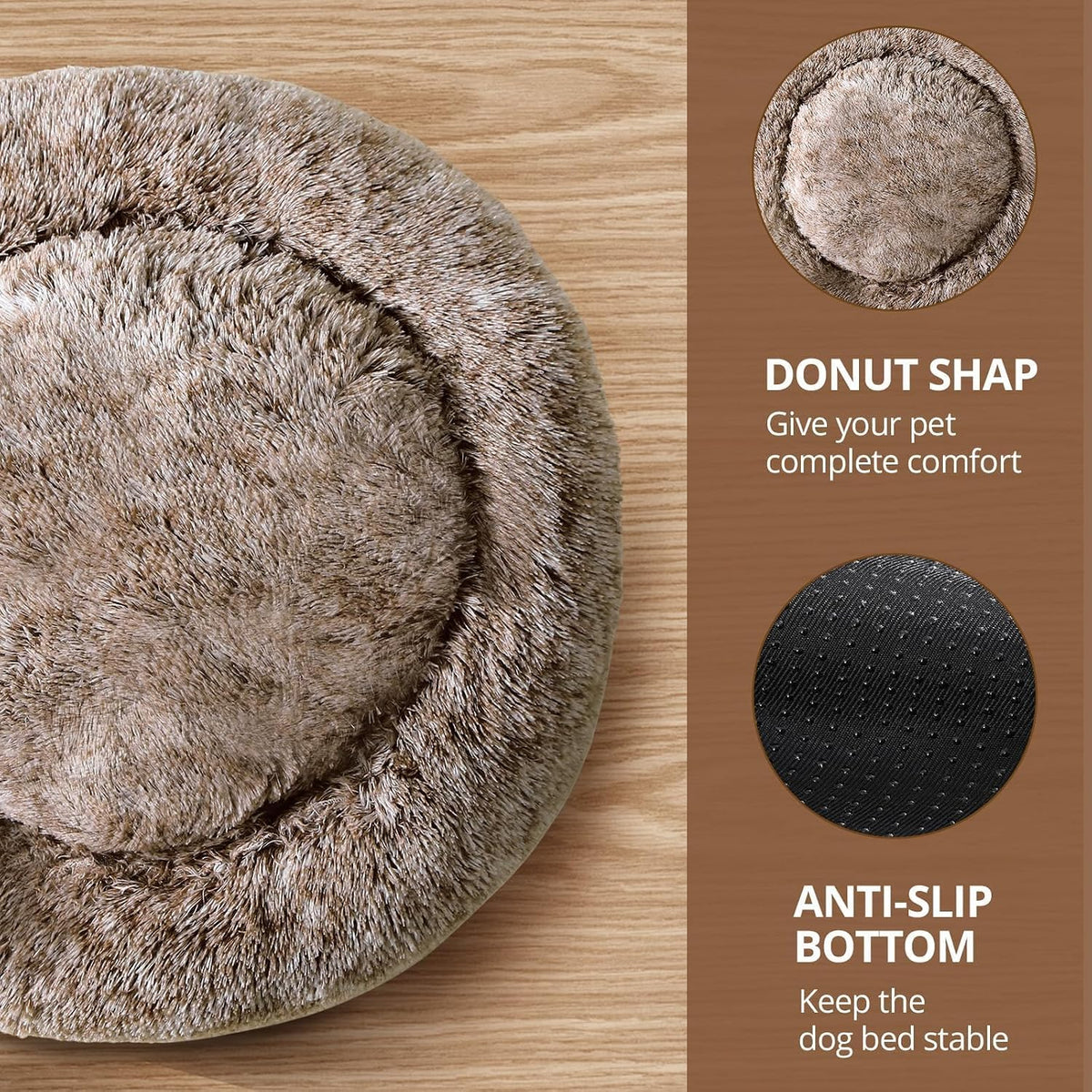 JOLLYVOGUE Calming Dog Bed Medium Size Dog, Anti-Anxiety Donut Medium Pet Bed, 27 inches Fluffy Faux Fur Round Cat Bed (Smoke Brown)