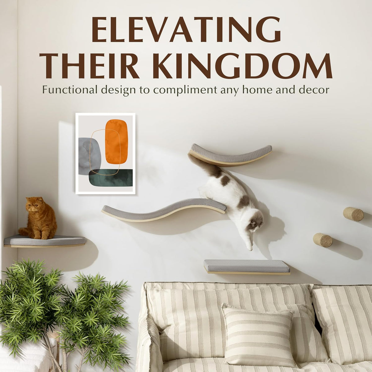 Extra Large 23.6”x12.6” CALLICO HAVEN- Stylish Cat Wall Shelves with Cushion, Modern Wall-Mounted Cat Tree Furniture, Window Cat Shelf & Perch, Sturdy/Hidden Mounts, Washable Cover - Flat Shape