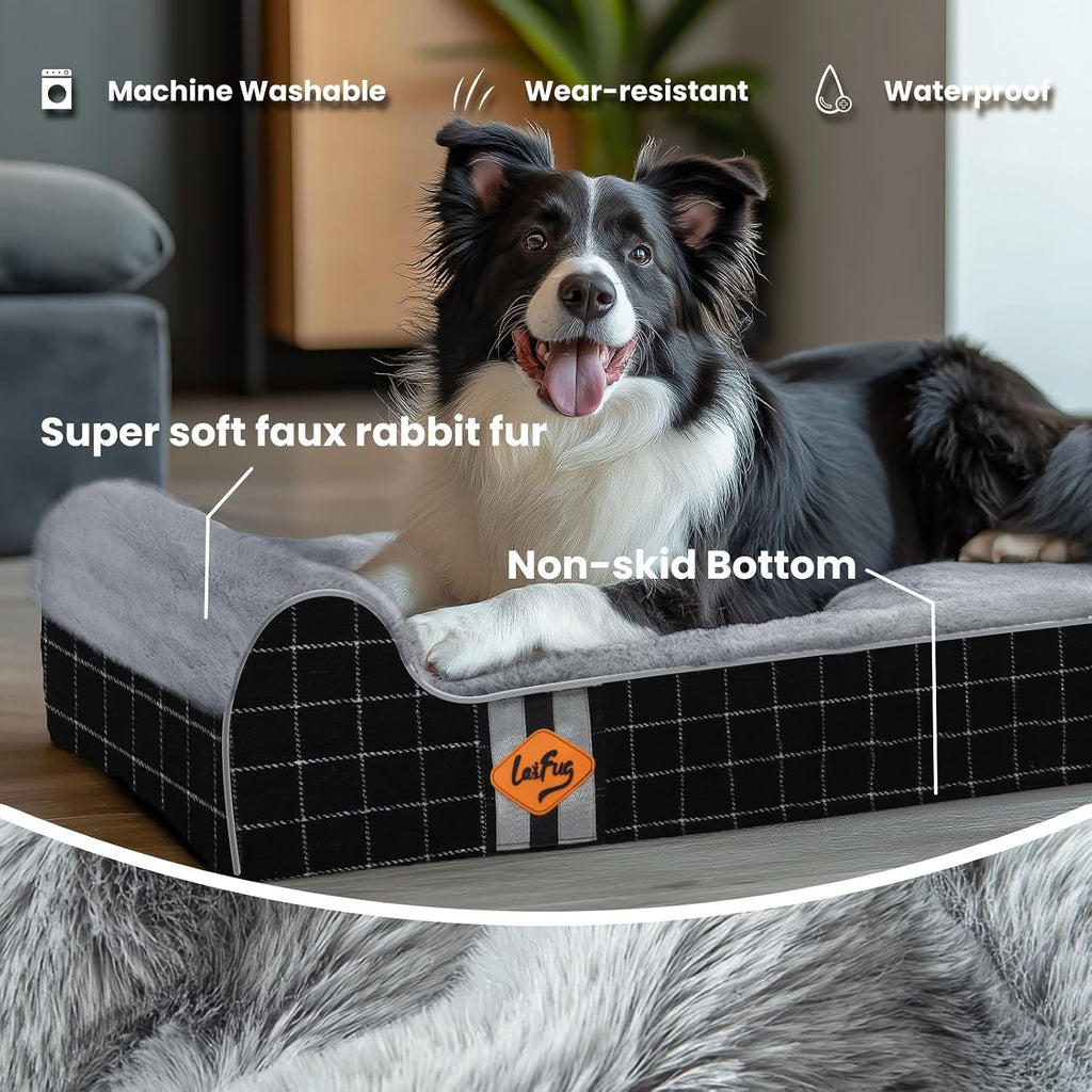 Laifug Orthopedic Dog Beds for Large Dogs,4.5" Memory Foam Dog Beds,Durable Water Proof Liner Removable and Washable, Nonskid Bottom, Black Grid Gray 46"x28"x8"