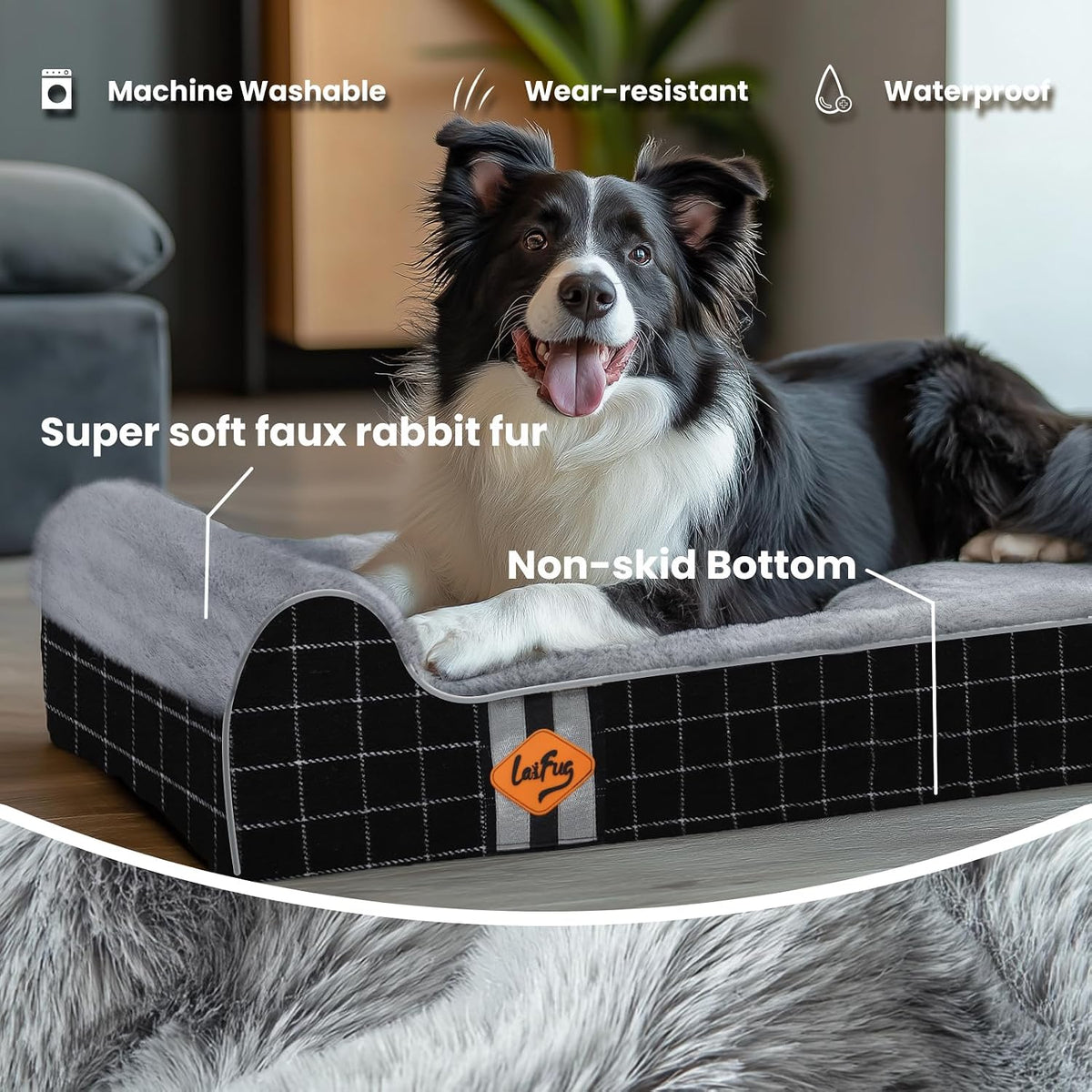 Laifug Orthopedic Dog Beds for Large Dogs,4.5" Memory Foam Dog Beds,Durable Water Proof Liner Removable and Washable, Nonskid Bottom, Black Grid Gray 46"x28"x8"