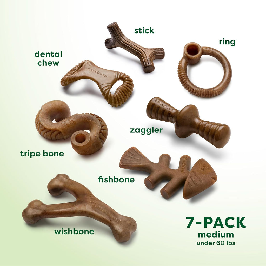 Benebone 7-Pack Dog Chew Toys for Aggressive Chewers, Dog Bones, Medium | Durable, Multipack, Super Chewer, Made in USA, Dog Bones, Long-Lasting, Keeps Them Busy