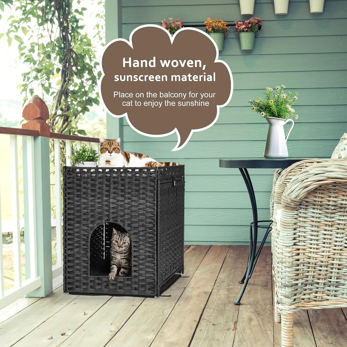 Cat Litter Box Enclosure with Door, Hidden Cat Washroom Furniture | Handwoven PP Wicker; Soft Litter Mat Included; Spacious Interior; Furniture-Style Design; Indoor Home Décor