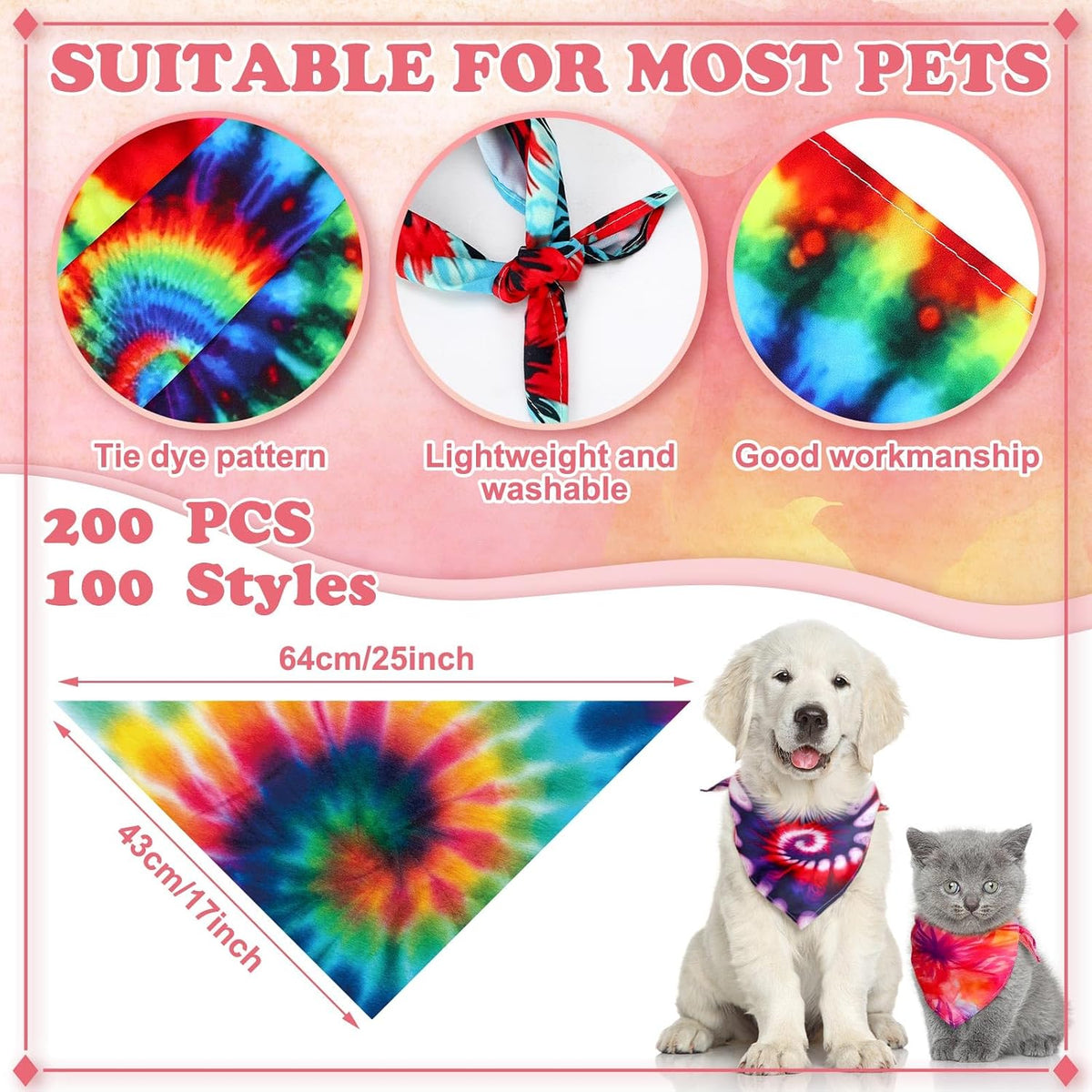 Huhumy 100 Pcs Tie Dye Dog Bandanas Bulk Pet Tie Dye Bandanas for Dogs