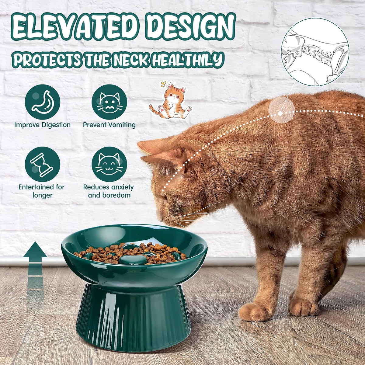 Tioncy 2 Pcs Ceramic Elevated Slow Feeder Cat Bowl, Dark Green