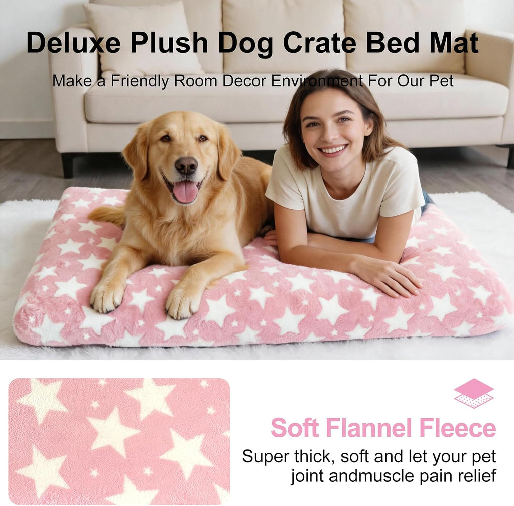 Orthopedic Dog Bed for Large Dogs, Washable Dog Mat with Removable Zippered Cover, Non-Slip Bottom, Comfort Crate Bed (Big&Little Stars Pink, L(35"*23"*3.1"))