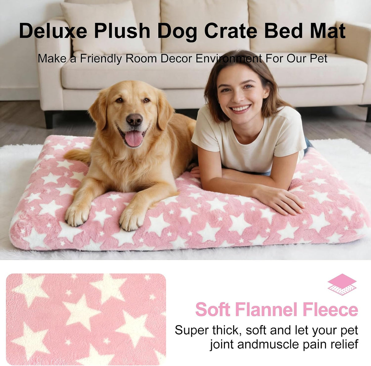 Orthopedic Dog Bed for Large Dogs, Washable Dog Mat with Removable Zippered Cover, Non-Slip Bottom, Comfort Crate Bed (Big&Little Stars Pink, L(35"*23"*3.1"))