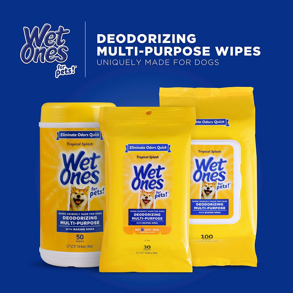 Wet Ones for Pets Deodorizing Dog Wipes, Tropical Splash, 100 Count | Baking soda formula, moisture-lock seal keeps cloths fresh, suitable for daily grooming between baths 