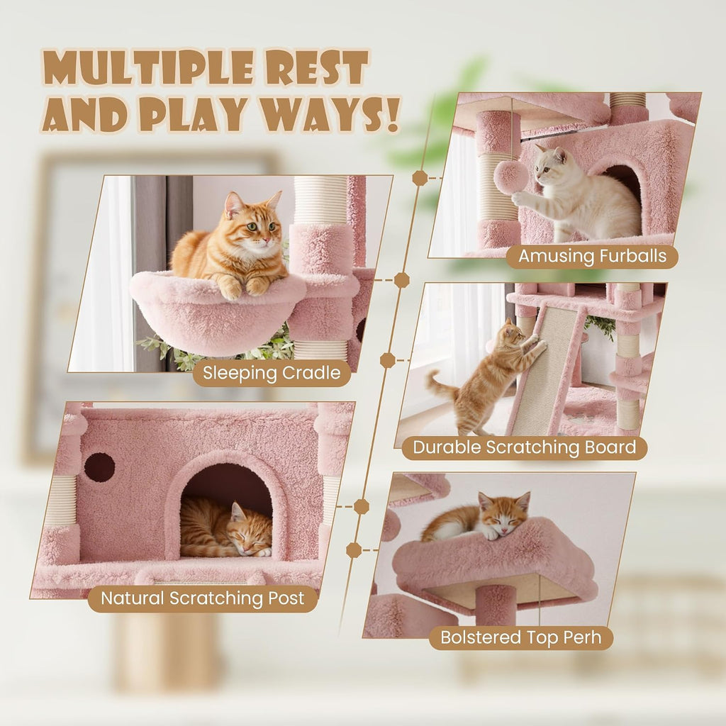 SHA CERLIN 81 Inches Extra Large Cat Tree for Indoor Adult Cats/XXL Big Cat Tower with Condo/Cozy Perches/Sisal Scratching Posts and Hammocks/Activity Center/F80/Heavy Duty/Pink