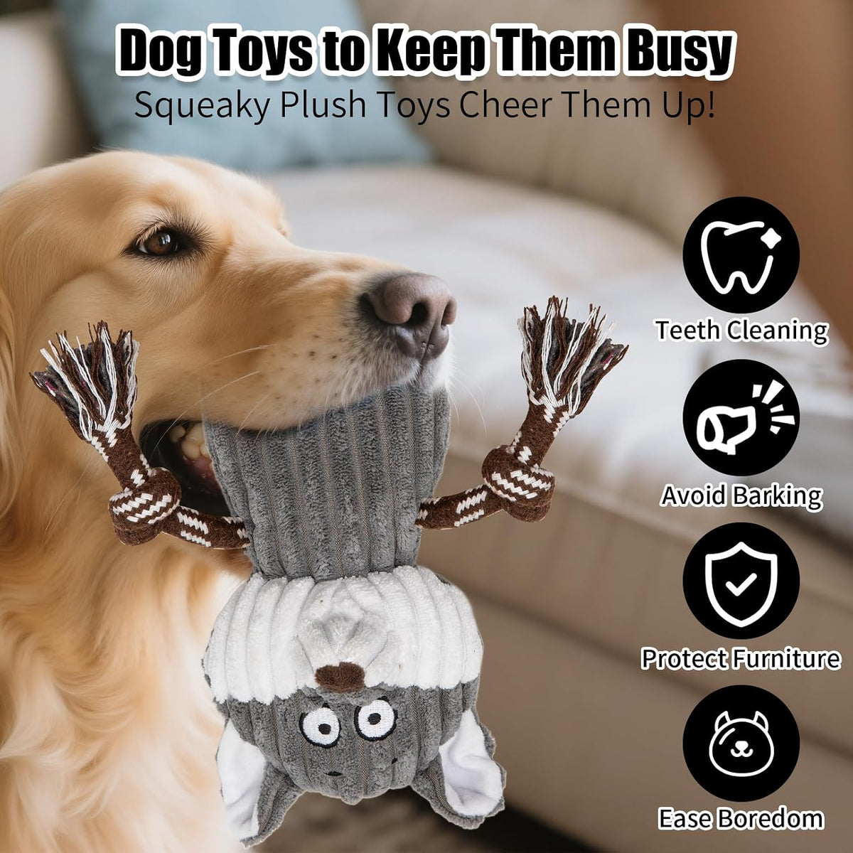 5 pack Large dog Squeaky Toys,Tough Stuffed Plush dog chew Toys Assortment ,Durable plush Animal dog Toys with Tug of War Rope to Keep Them Busy, Puppy Toys Value Bundle for Small Medium Large Dogs