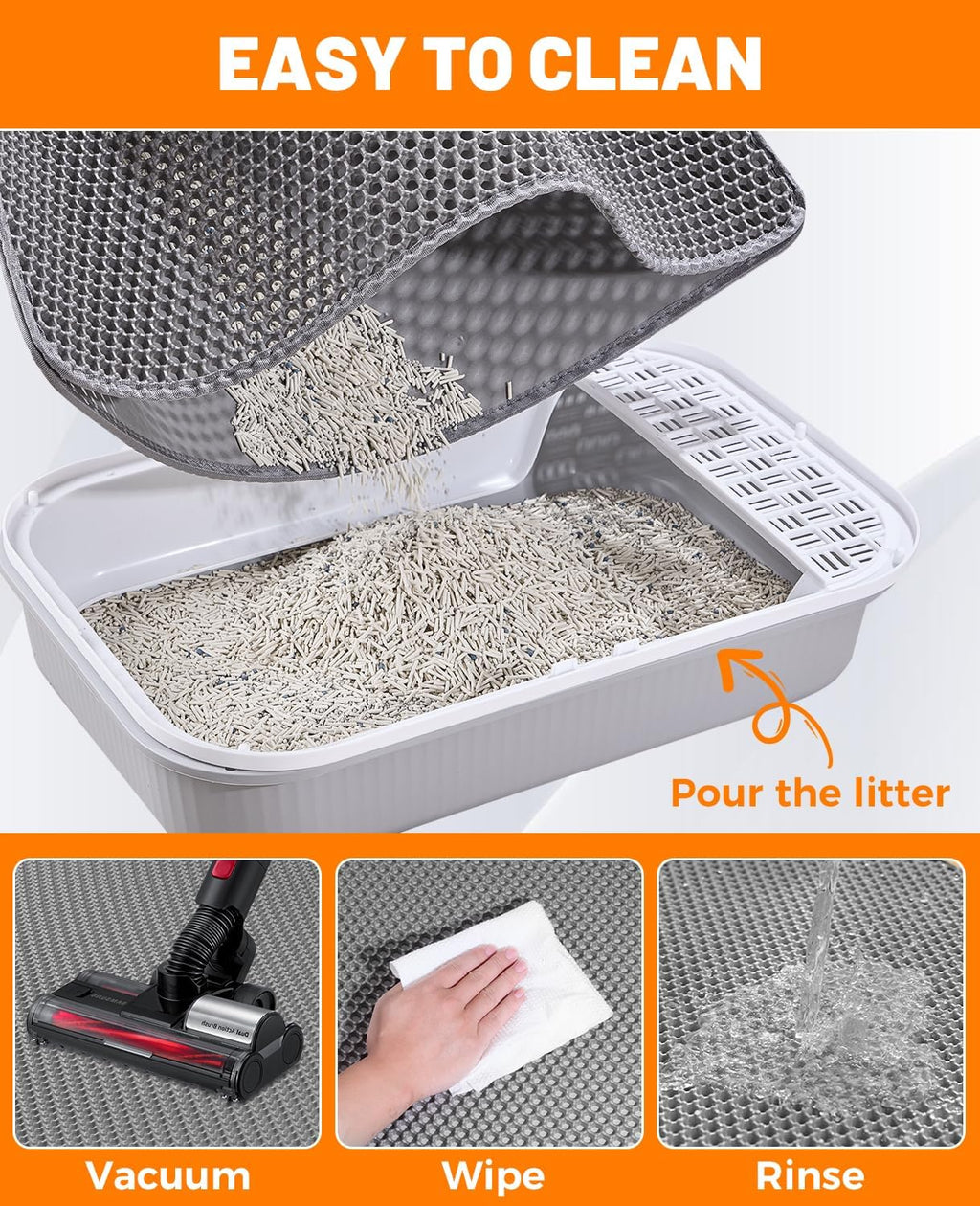 Cat Litter Mat - Extra Large Cat Litter Mat Litter Trapping Mat 46"x26"-Honeycomb Double Layer Design,Urine and Water Proof Material,No Slip& No Phthalate,Washable Easy Clean（Grey）