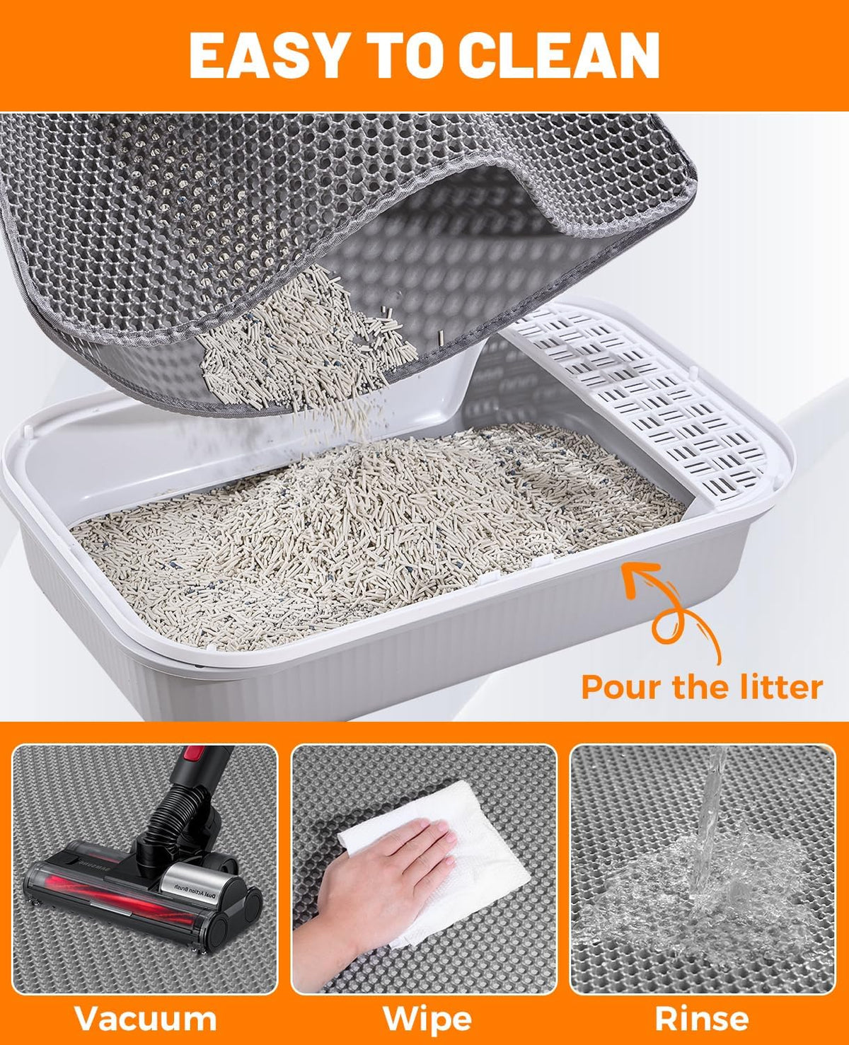 Cat Litter Mat - Extra Large Cat Litter Mat Litter Trapping Mat 46"x26"-Honeycomb Double Layer Design,Urine and Water Proof Material,No Slip& No Phthalate,Washable Easy Clean（Grey）