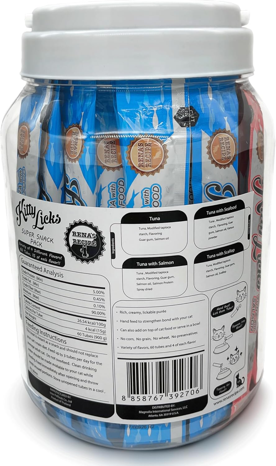 Rena's Recipe Kitty Licks Tuna Barrel (60 Tubes) 4 Flavors X 15 Tubes Lickable Cream Cat Treats