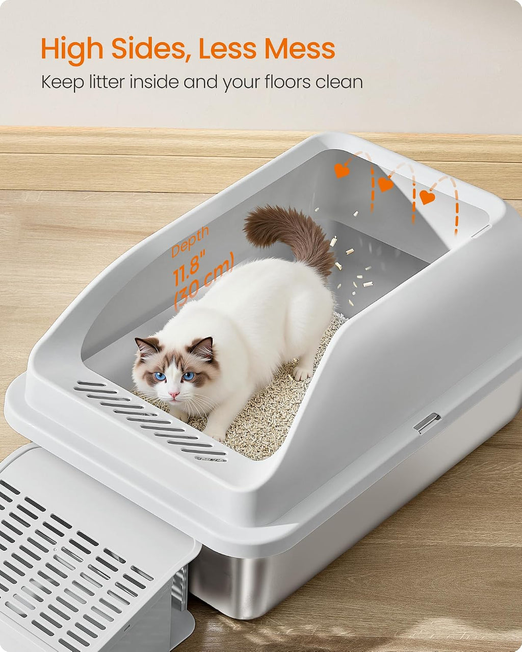 Feandrea 2 Pack Stainless Steel Cat Litter Boxes, for Cats up to 33 lb | High Sided Litter Trays with Open Top, Step, Scoop, Brush, Light Gray, BOXAL Collection UPPT012GD01