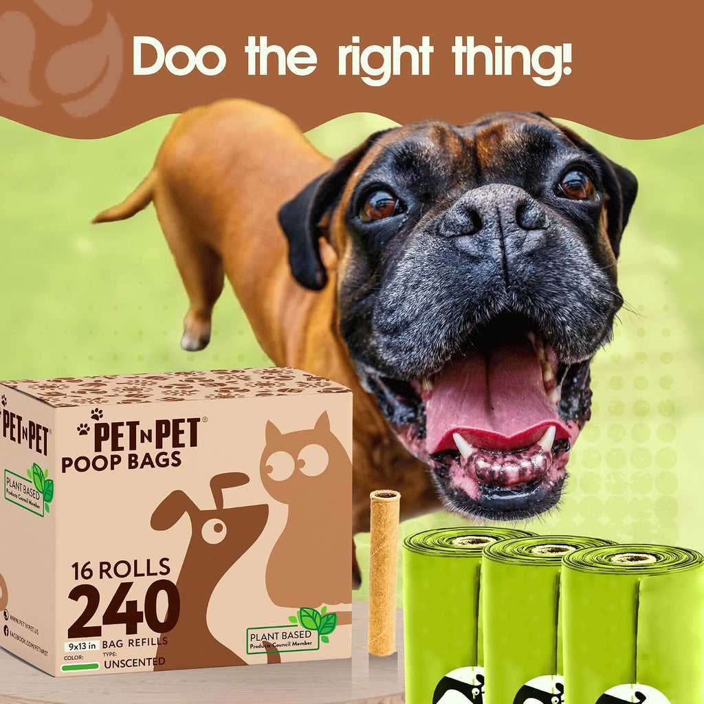 Pet N Pet Poop Bags For Dogs, 240 Counts Plant Based Dog Poop Bags Rolls, Thick Doggie Poo Bag, 100% Leak-proof, Easy to Use Pet Waste Bag (Pack of 2)