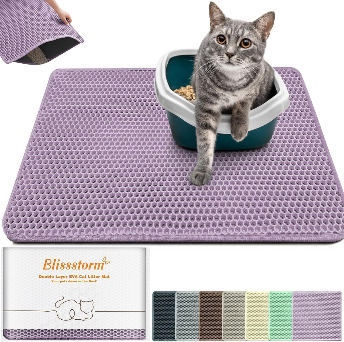 Cat Litter Mat 35"x24",Double Layer EVA Litterbox Mat Purple | Extra Large Honeycomb, Waterproof & non-slip, Odor-free, easy clean, washable durable floor protector,scatter control