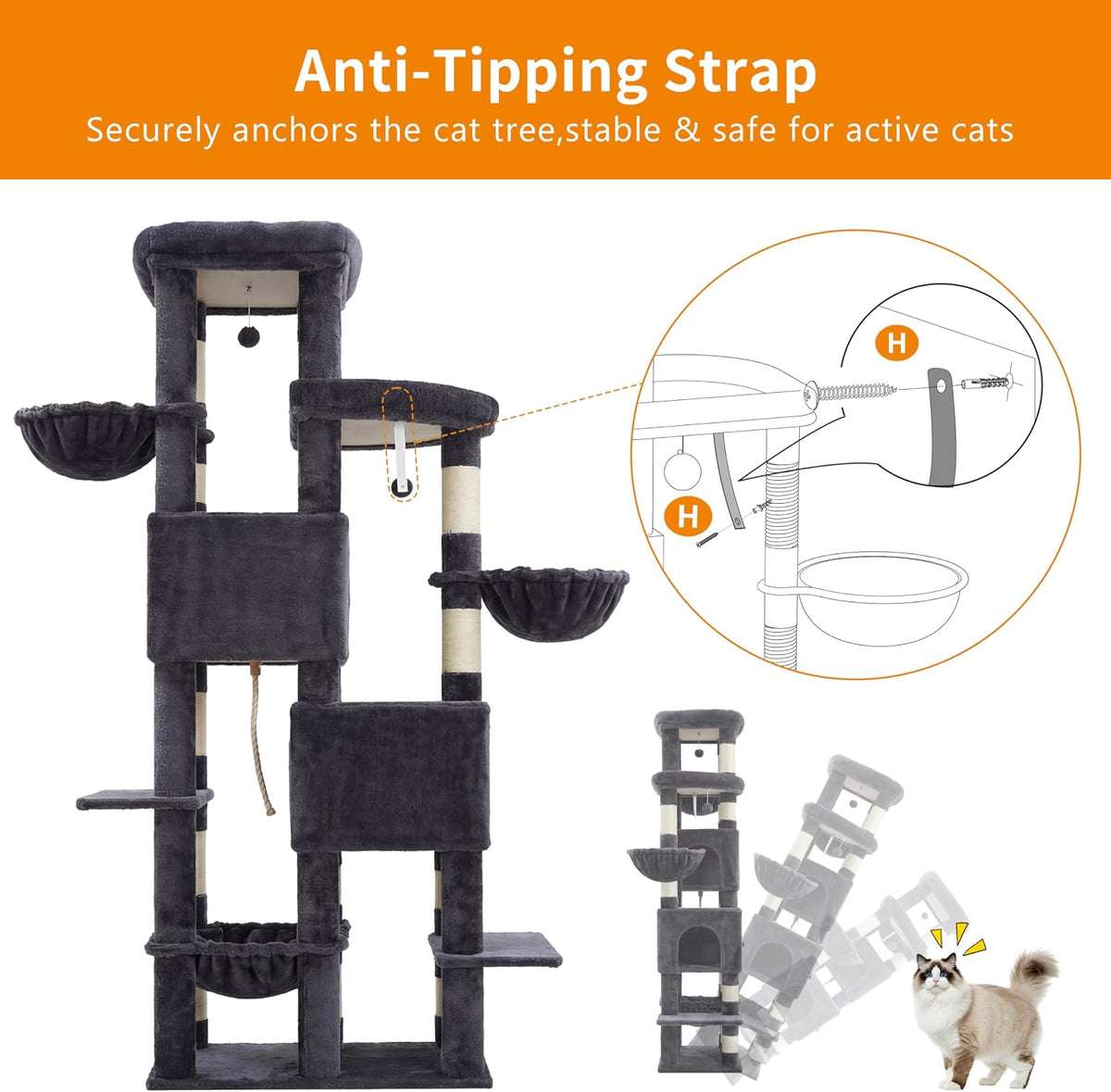 Heybly Cat Tree, 74.8-Inch Spacious & Tall Cat Tower for Large Cats HCT062G