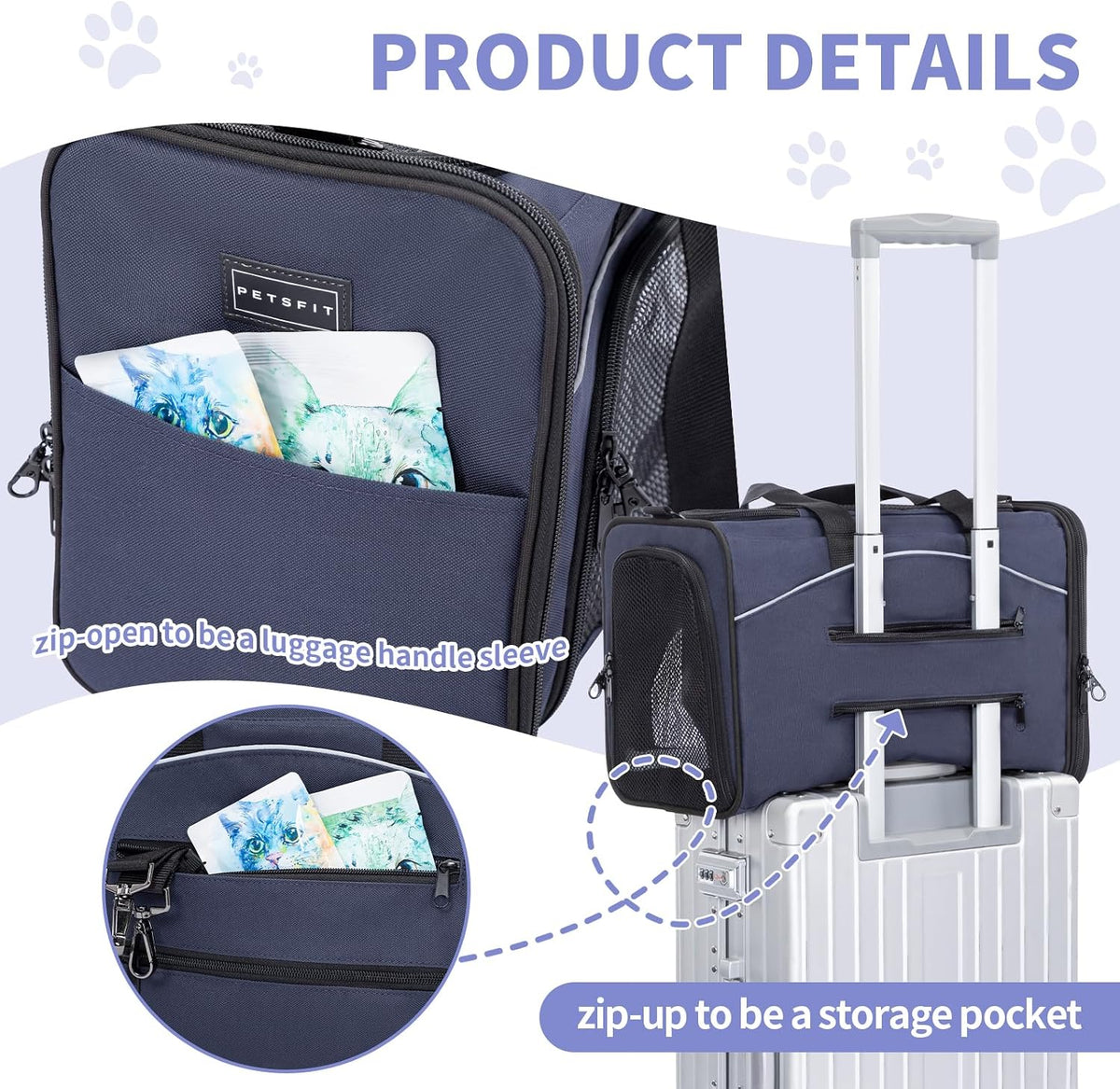 Petsfit Airline Approved Pet Carrier for Small Dogs & Cats, 19x9x12 TSA Approved Carrier, with Removable Dual-Sided Padding (2-Way Placement) - Fits Under Most Airplane Seats, Escape Proof (Navy)