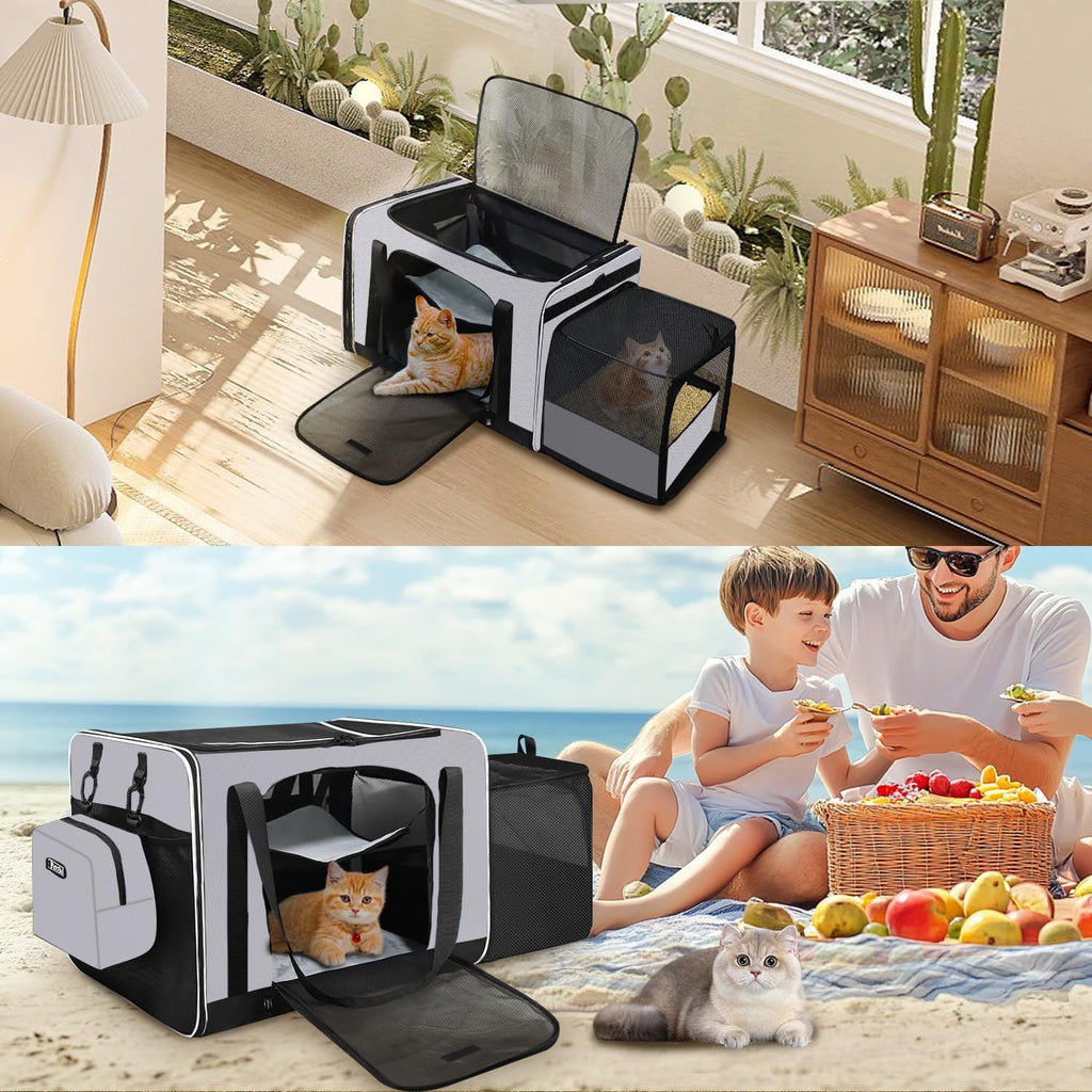Petskd Side Expandable Extra Large Cat Carrier with Litter Box, Grey