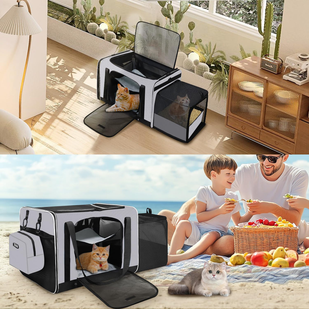 Petskd Side Expandable Extra Large Cat Carrier with Litter Box, Grey