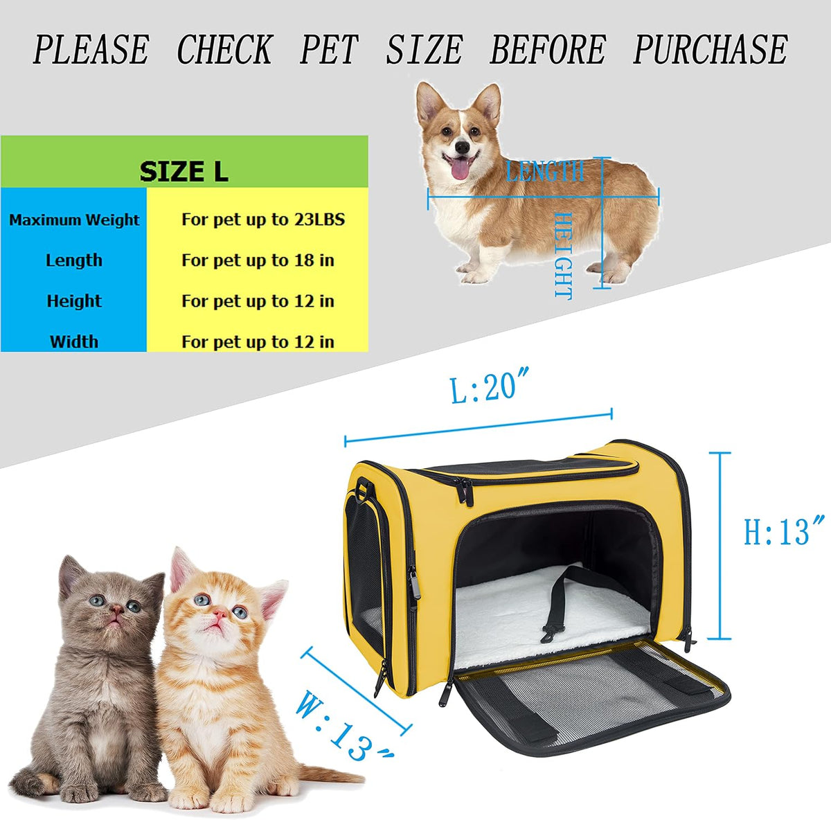 Soft Sided Carrier for Small Medium Cats Dogs,Removable Pad Collapsible Travel Pet Carrier Large Yellow