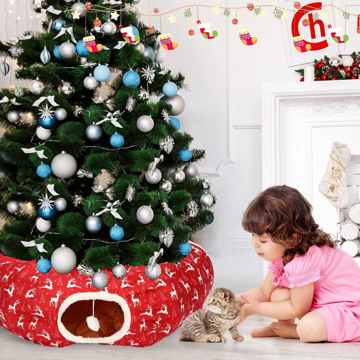 Cat Tunnel Christmas Tree Skirt Cat Bed Indoor 3 ft x 3 ft x 10 Inch Kitten Donut Tunnel with Ball Peekaboo Cave Pet Bed Round Hideaway Holiday Cave Circle Pets Gift(Elk)