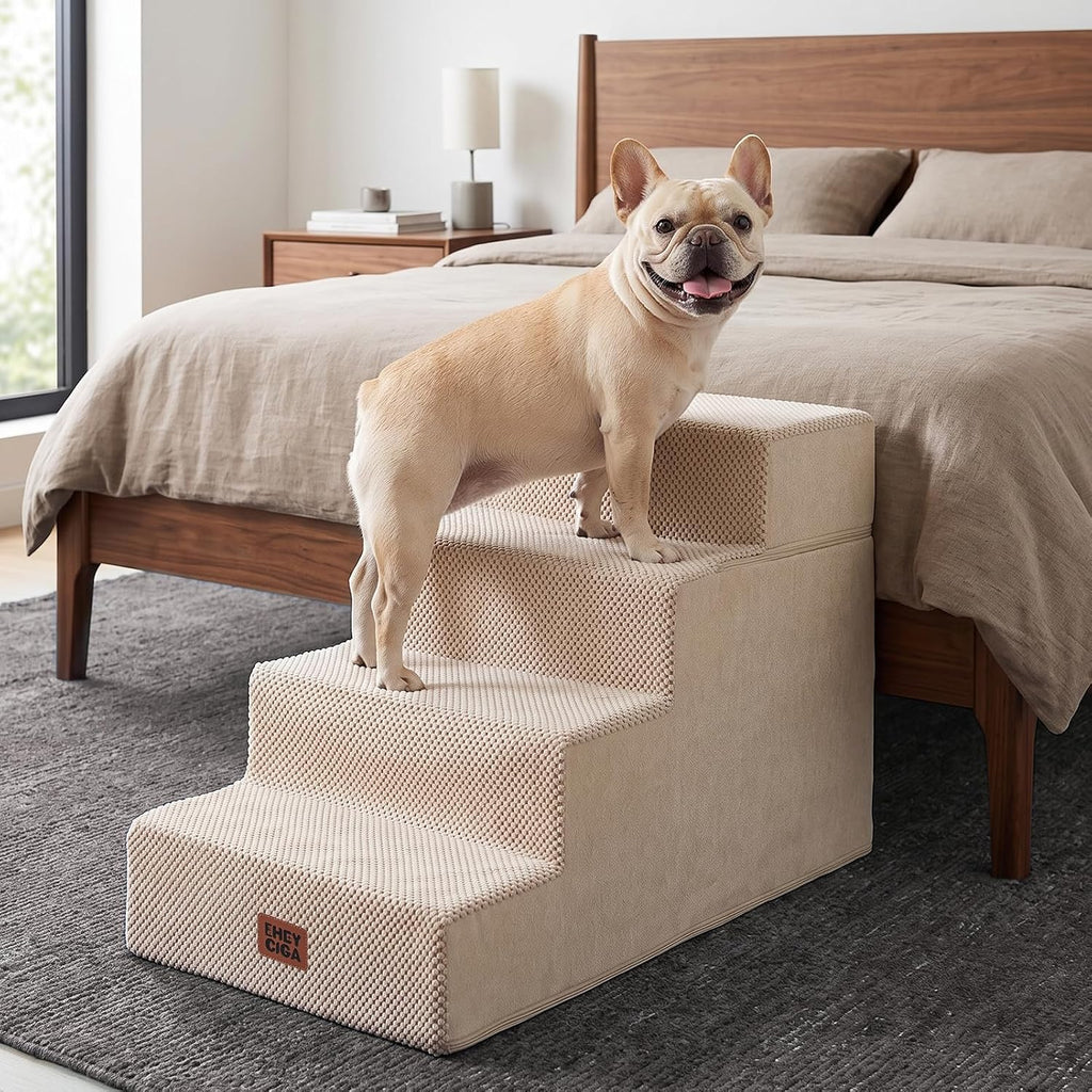 EHEYCIGA Dog Stairs for Bed 18" H, 4-Step Extra Wide Dog Steps, Beige