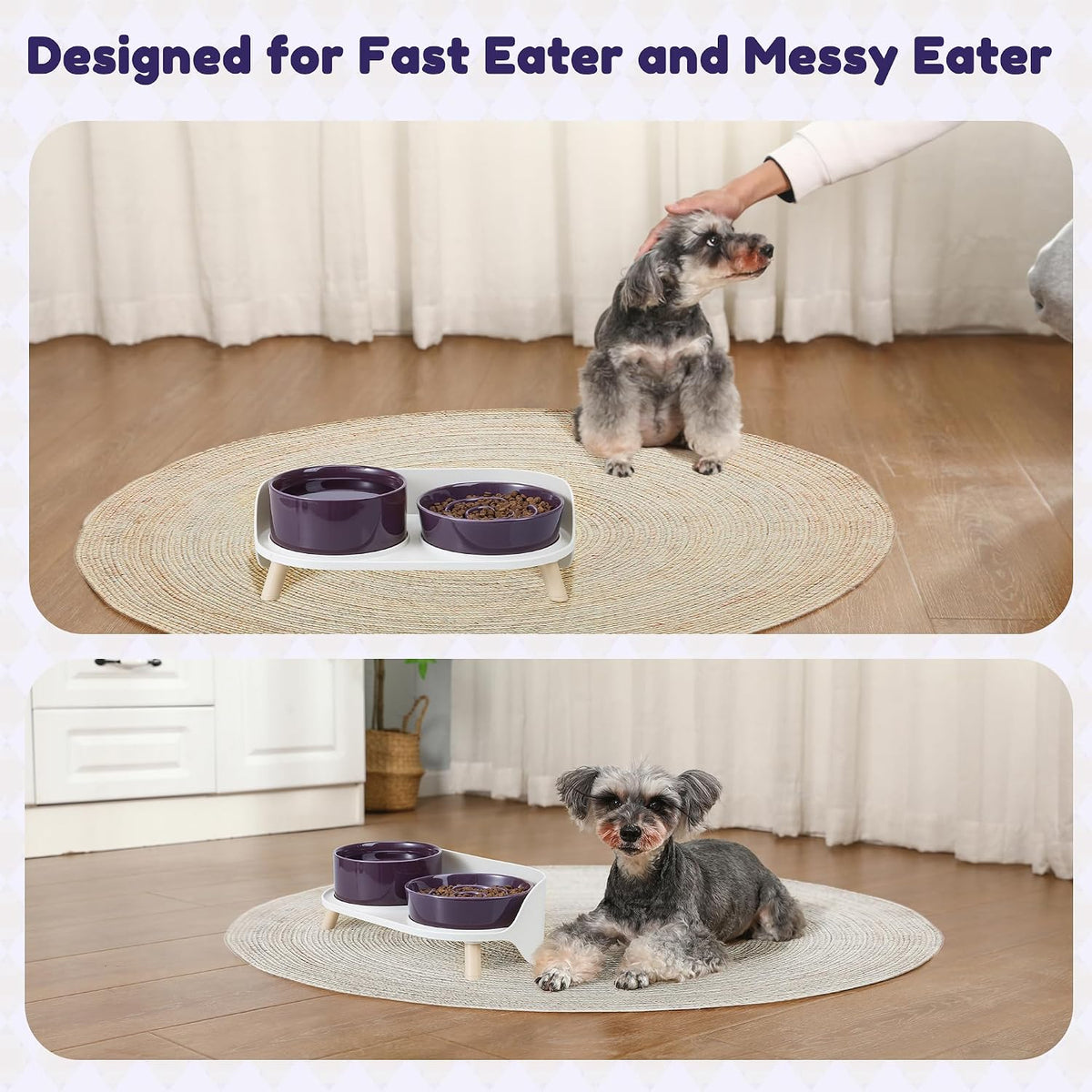 Elevated Slow Feeder Dog Bowls with Splash Proof Stand, Slow Eating 5X | 6.5″ Dog Slow Feeding Bowls & 6.1″ Dog Food Dish, Non-Slip Raised Food and Water Bowl Set for Small and Medium Breeds, Purple