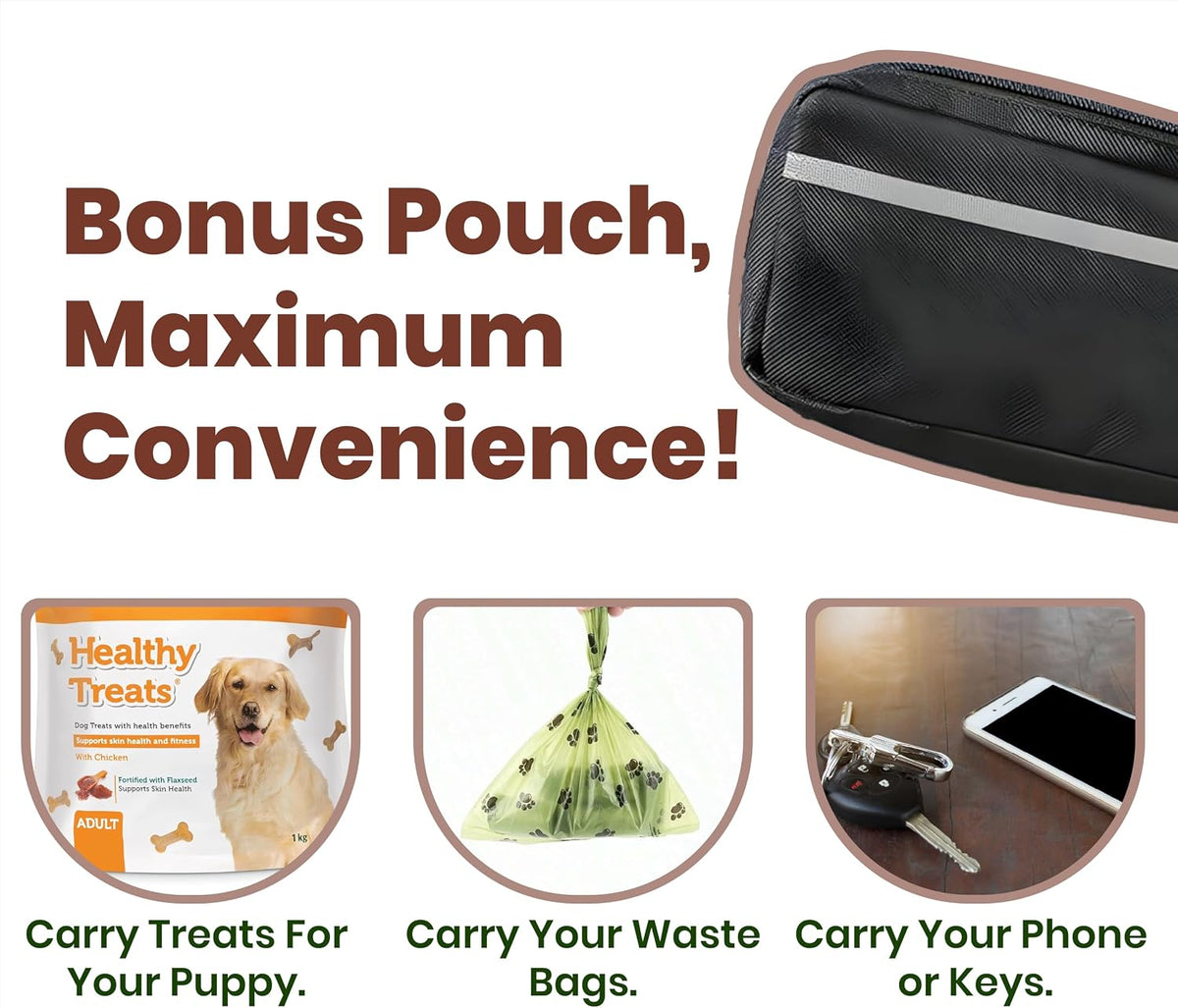 Hands Free Dog Leash 2 Dogs with Padded Handles and Zipper Pouch for Treats