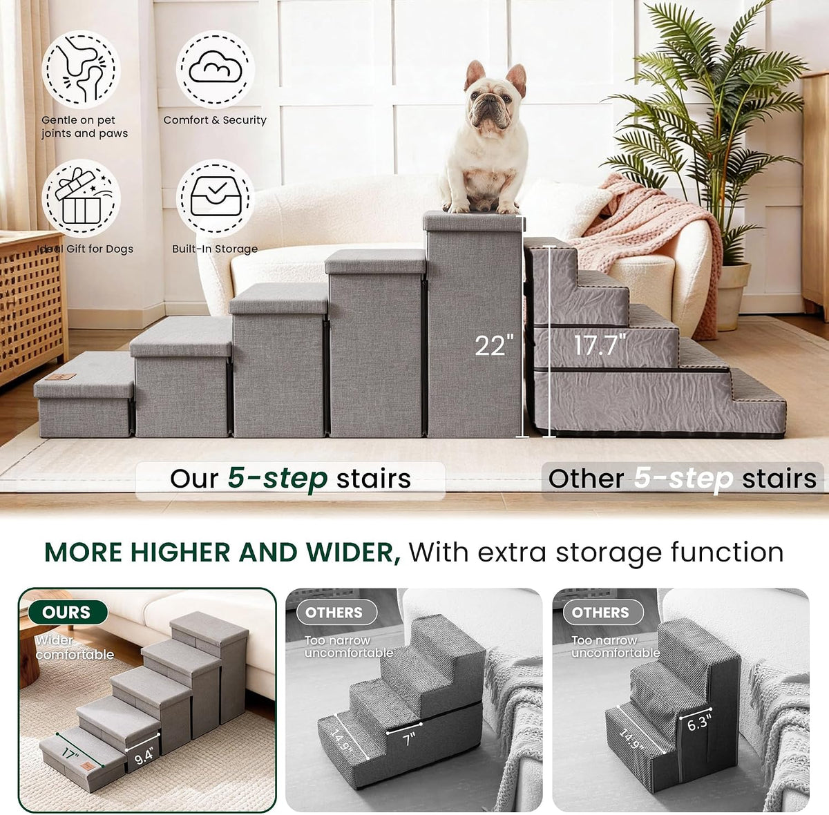 Love's cabin Dog Stairs for High Bed, Foldable Pet Stairs for Small Medium or Large Dogs Puppy with Storage for Bed or Couch, Cat Dog Steps Ramp with Zip up to 200 lbs, Solid Grey, 5 Steps