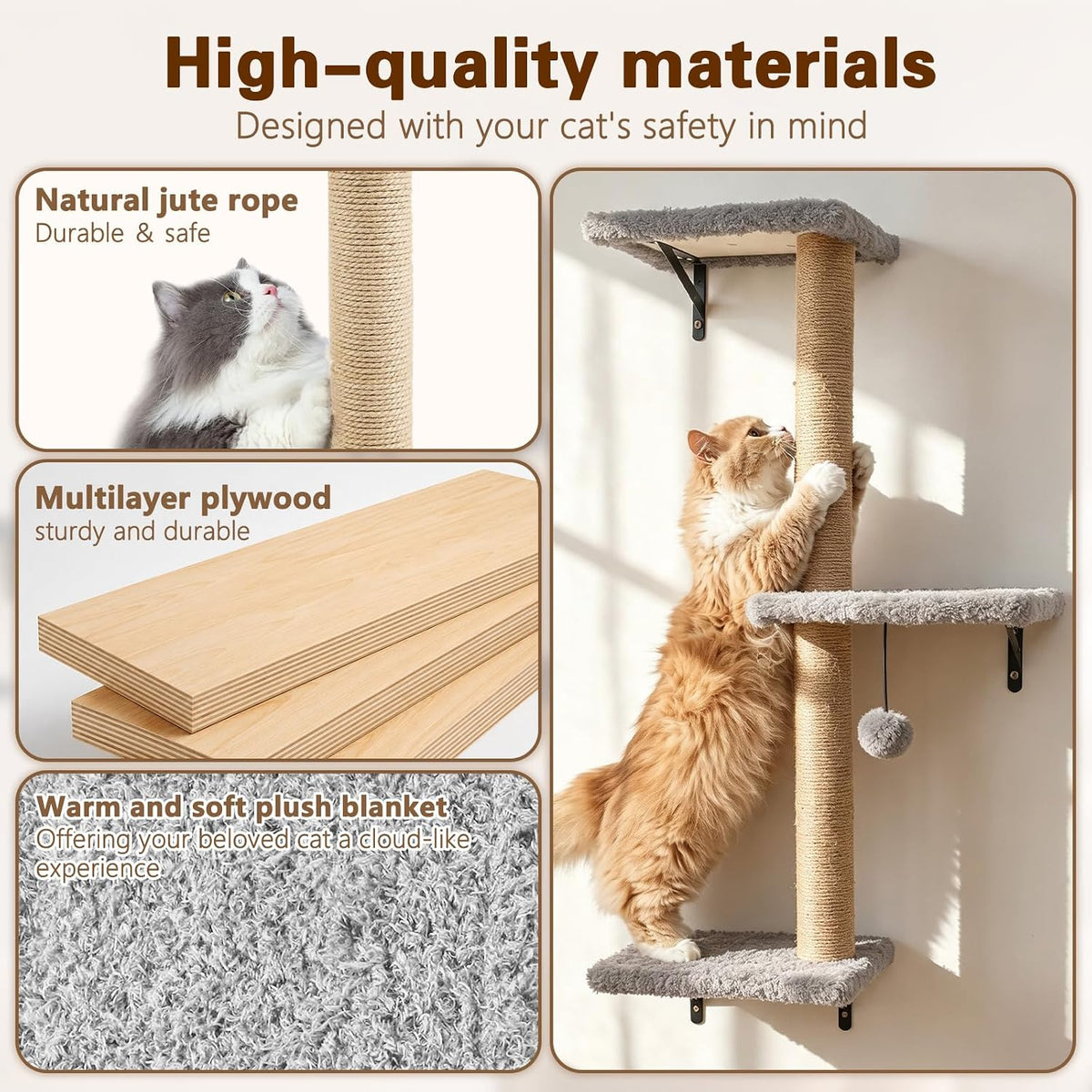 6-in-1 Cat Wall Shelves for Indoor Cats, Wall Mounted Cat Furniture