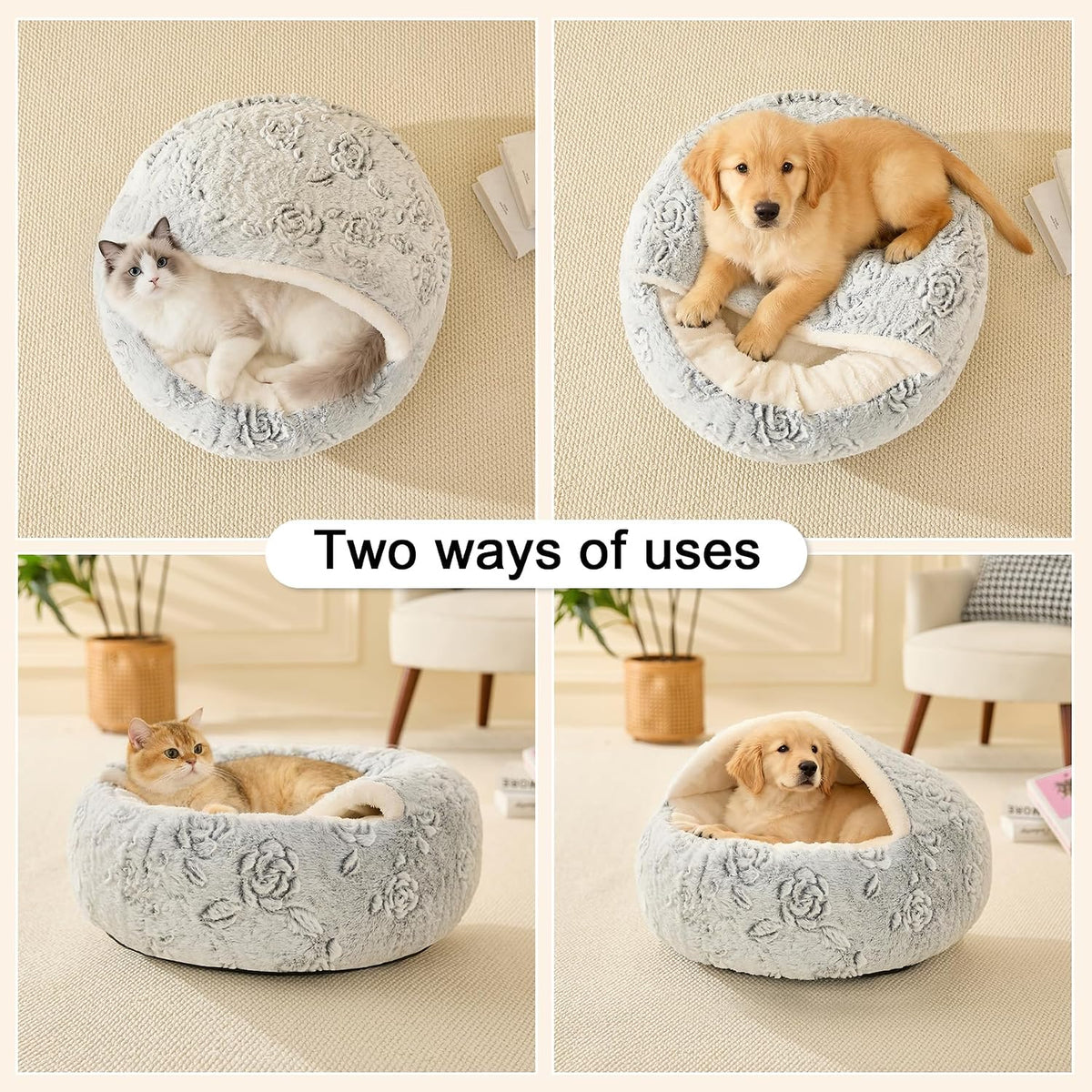Calming Dog Beds & Cat Cave Bed with Hooded Cover,Removable Washable Round Beds for Small Medium Pets,Anti-Slip Faux Fur Fluffy Coved Bed for Improved Sleep,Fits up to 15/25 lbs(Rose,S)