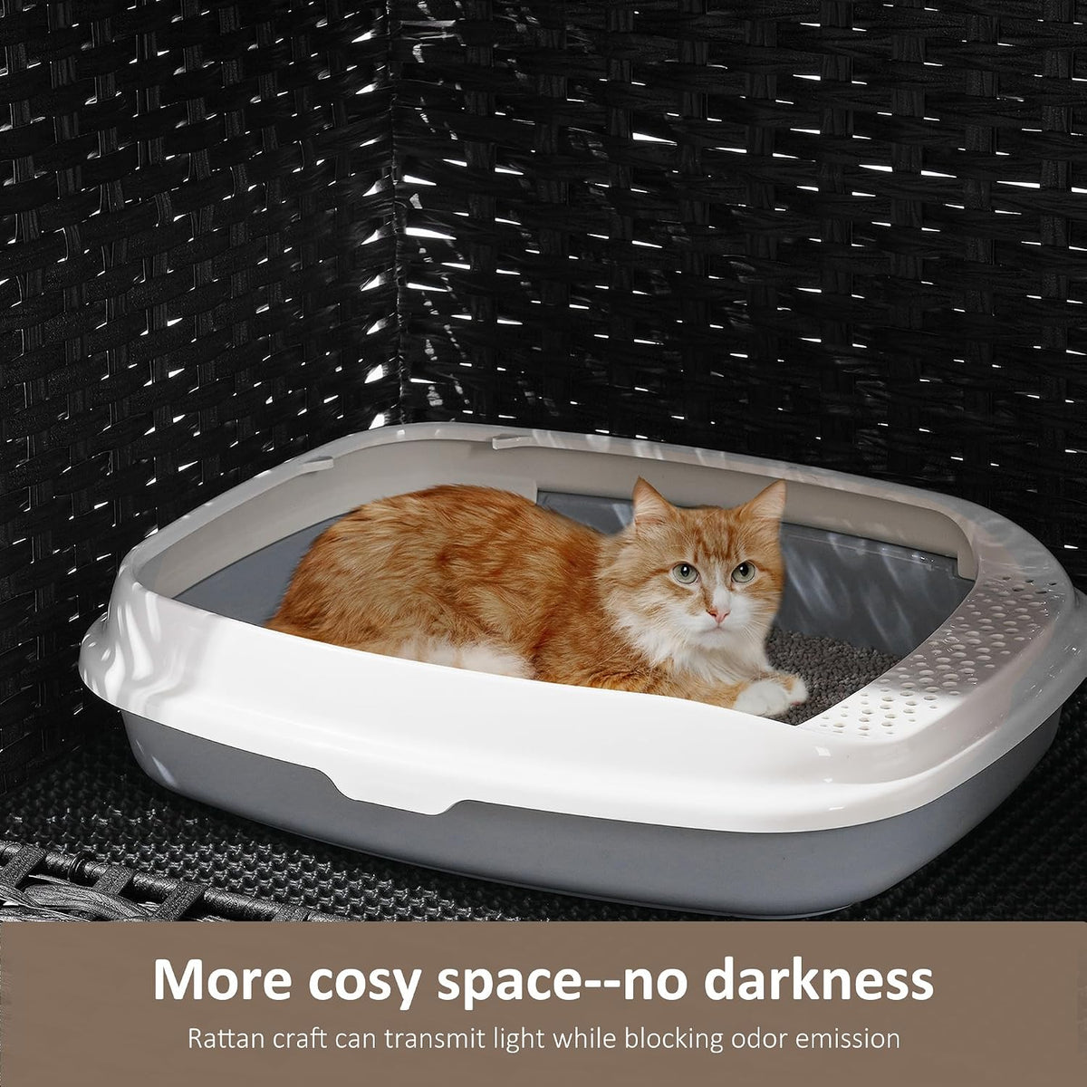 Cat Litter Box Enclosure with Door, Hidden Cat Washroom Furniture | Handwoven PP Wicker; Soft Litter Mat Included; Spacious Interior; Furniture-Style Design; Indoor Home Décor