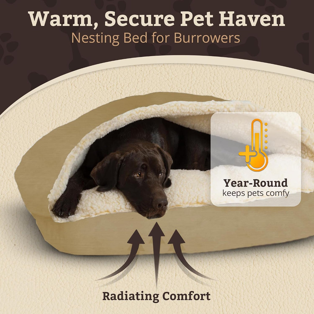 Snoozer Rectangle Cozy Cave Dog Bed, Hooded Dog Bed, Khaki (S)