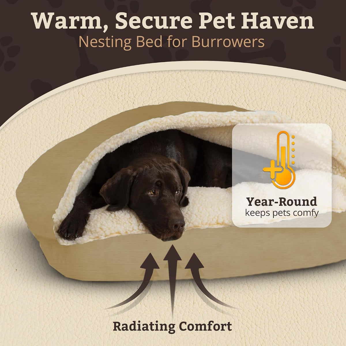 Snoozer Rectangle Cozy Cave Dog Bed, Hooded Dog Bed, Khaki (S)