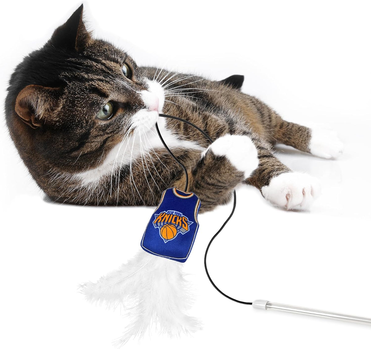 NBA NEW YORK Knicks Team Jersey Wand with CAT NIP, Cat Toy Jersey Shaped Plush Teaser Toy for Cats & Kittens - Interactive Pet Toy for Play & Exercise