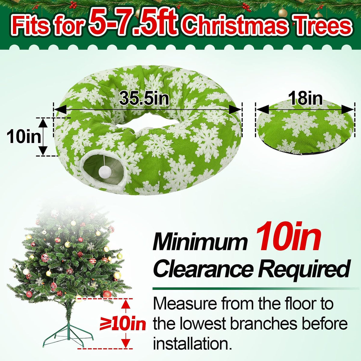 Cat Tunnel Christmas Tree Skirt for 5-7.5ft Trees - Prevent Christmas Tree Falling, Snowflake Patterns Warm Soft Cat Tube Bed with Anti-Slip Mat