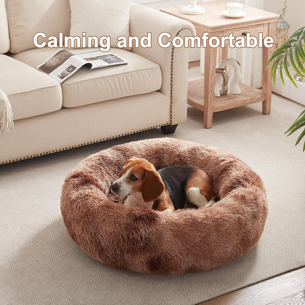 33 in Faux Fur Donut Dog Bed for Medium Plus Dogs,Tie-dye Brown