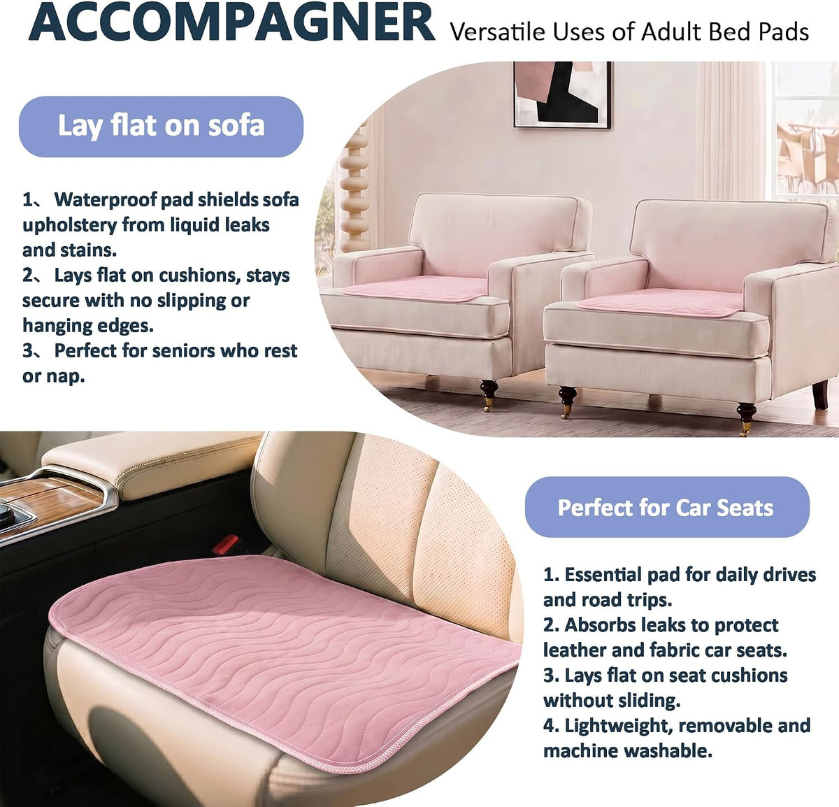 Accompagner Incontinence Bed Pads Washable Waterproof Underpads 24"x24" 6pc | 4-Layer Heavy Absorbency Reusable Chair Pads for Adults, Elderly, Dogs, Diaper Changing, Seat, Wheelchair & Sofa (Pink)