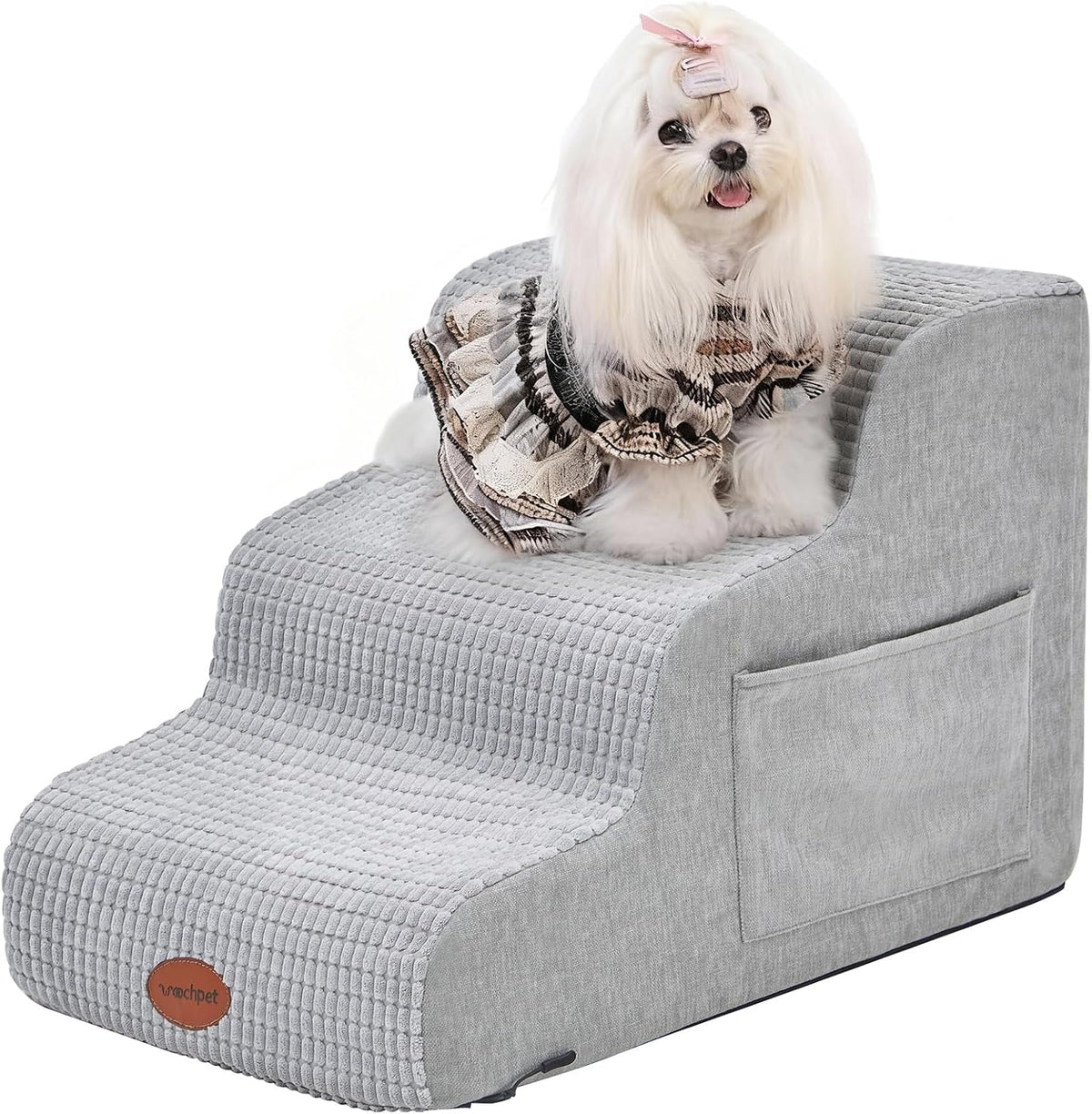 Woochpet 3-Tier Dog Stairs for Beds Foam Ramp Stairs for Couch Light Grey