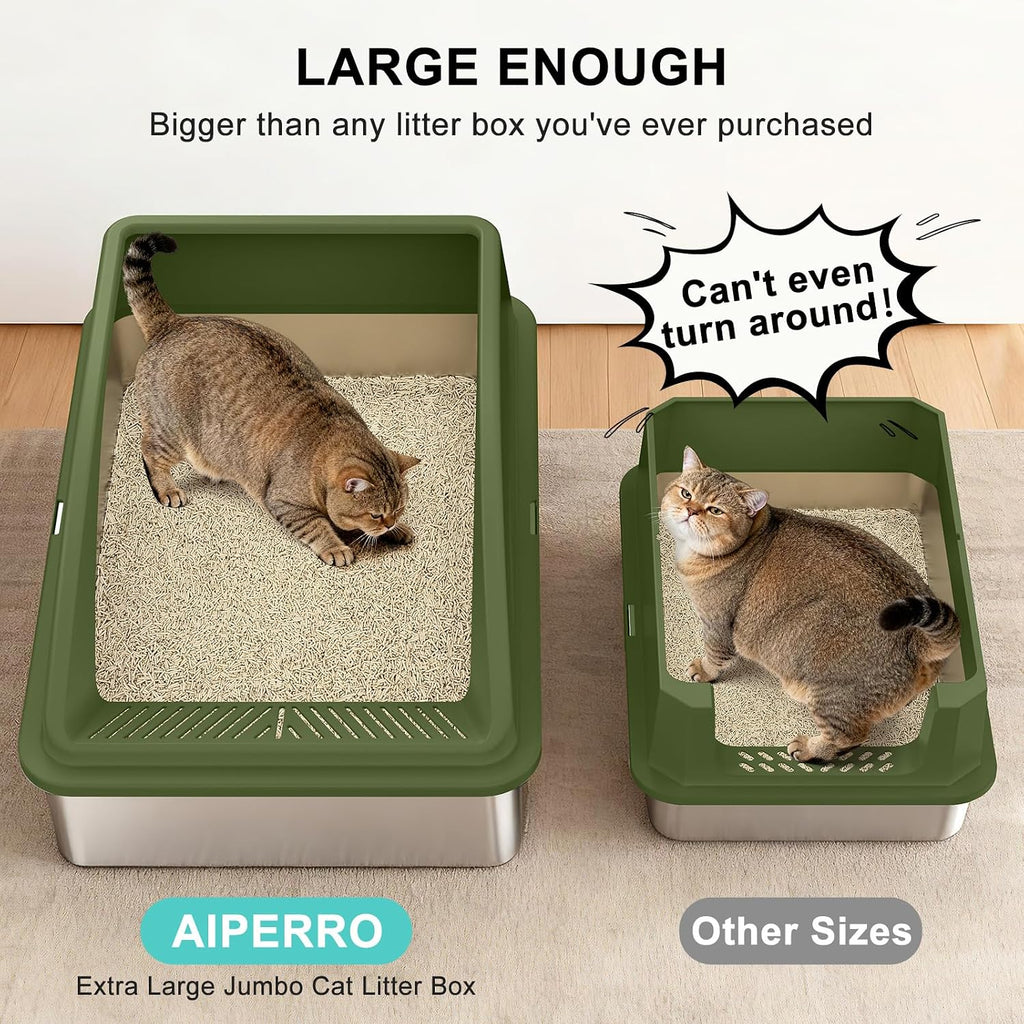 AIPERRO Stainless Steel Litter Box Extra Large for Big Cats and Multi-Cats | Jumbo Extra Large Metal Cat Box High Sided with Lid | Anti-Urine Leakage, Non-Stick & Easy to Clean | Include Litter Scoop