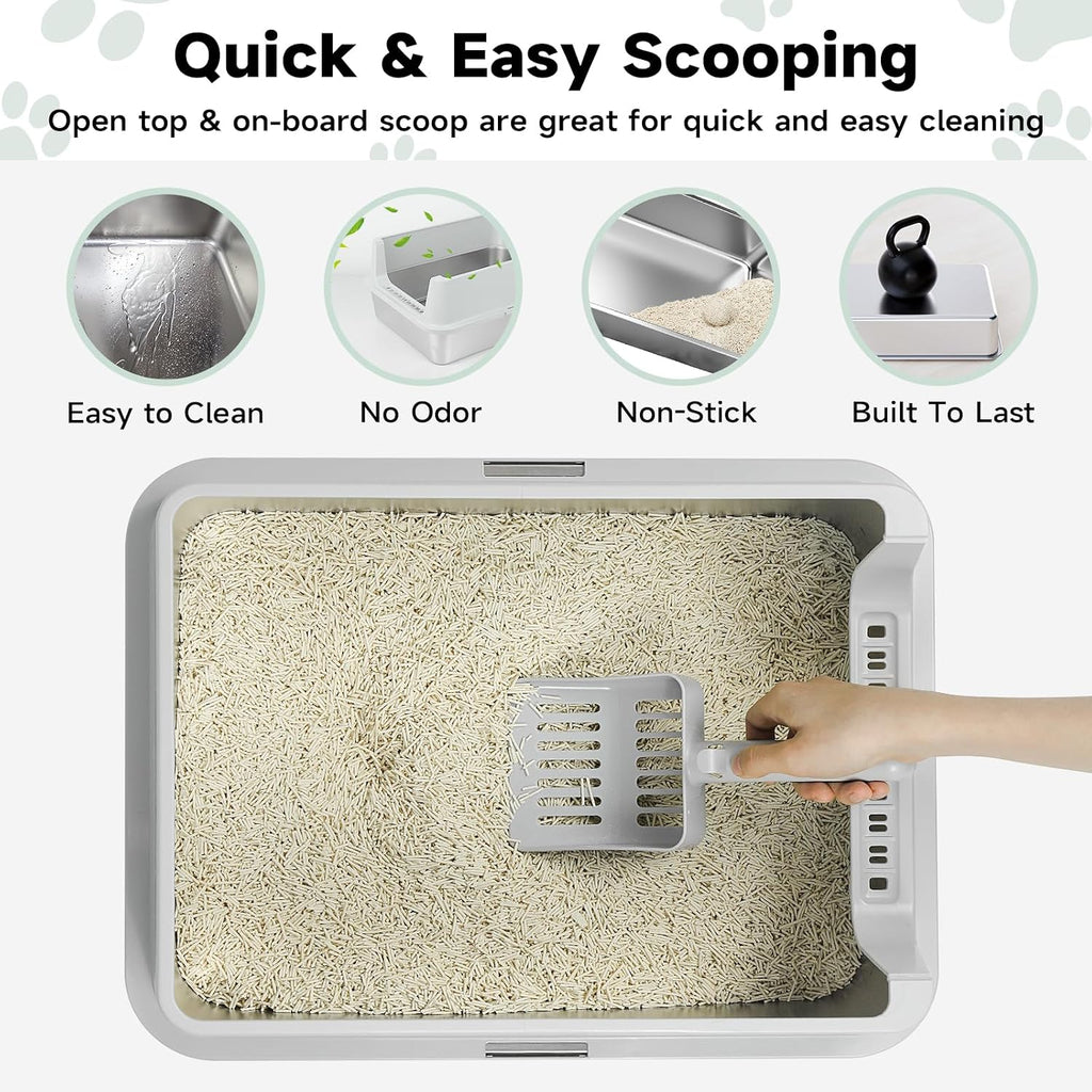 TENTIZON Stainless Steel Cat Litter Box for Kittens and Medium Cats, Open Top Metal Kitty Small Litter Box with High Sides Lid, Litter Mat, Scoop, No Odor, No Mess, Leak Proof, Easy Clean