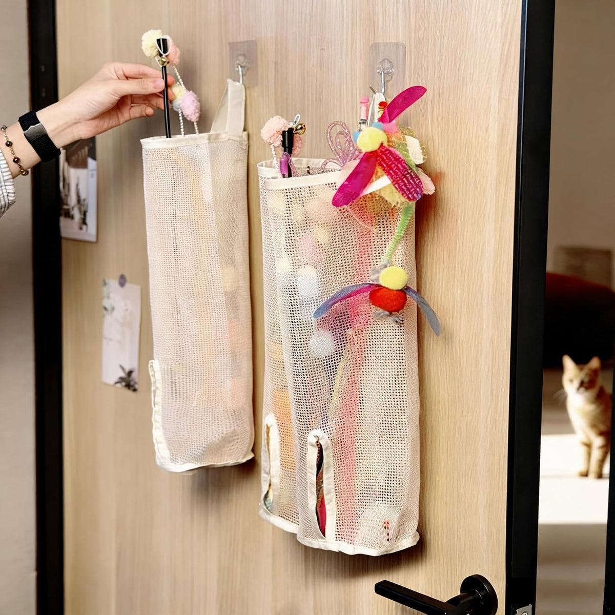 2 Pcs 15.16" Height Cat Wand Toy Organizer Storage Holder Bag, Not Suitable for Small Toys (w/ an Opening in the Bottom), Kitten Stick Toy Mesh for Cat Feather Toys Wall Hanging with Adhesive Hooks