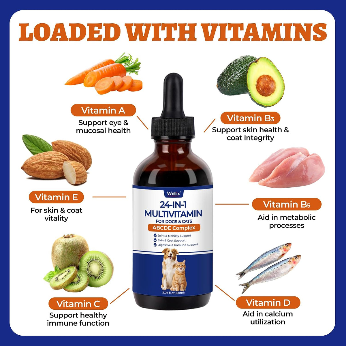 Wellix 24-in-1 Liquid Multivitamin with Taurine for Dogs and Cats 2.03Fl Oz