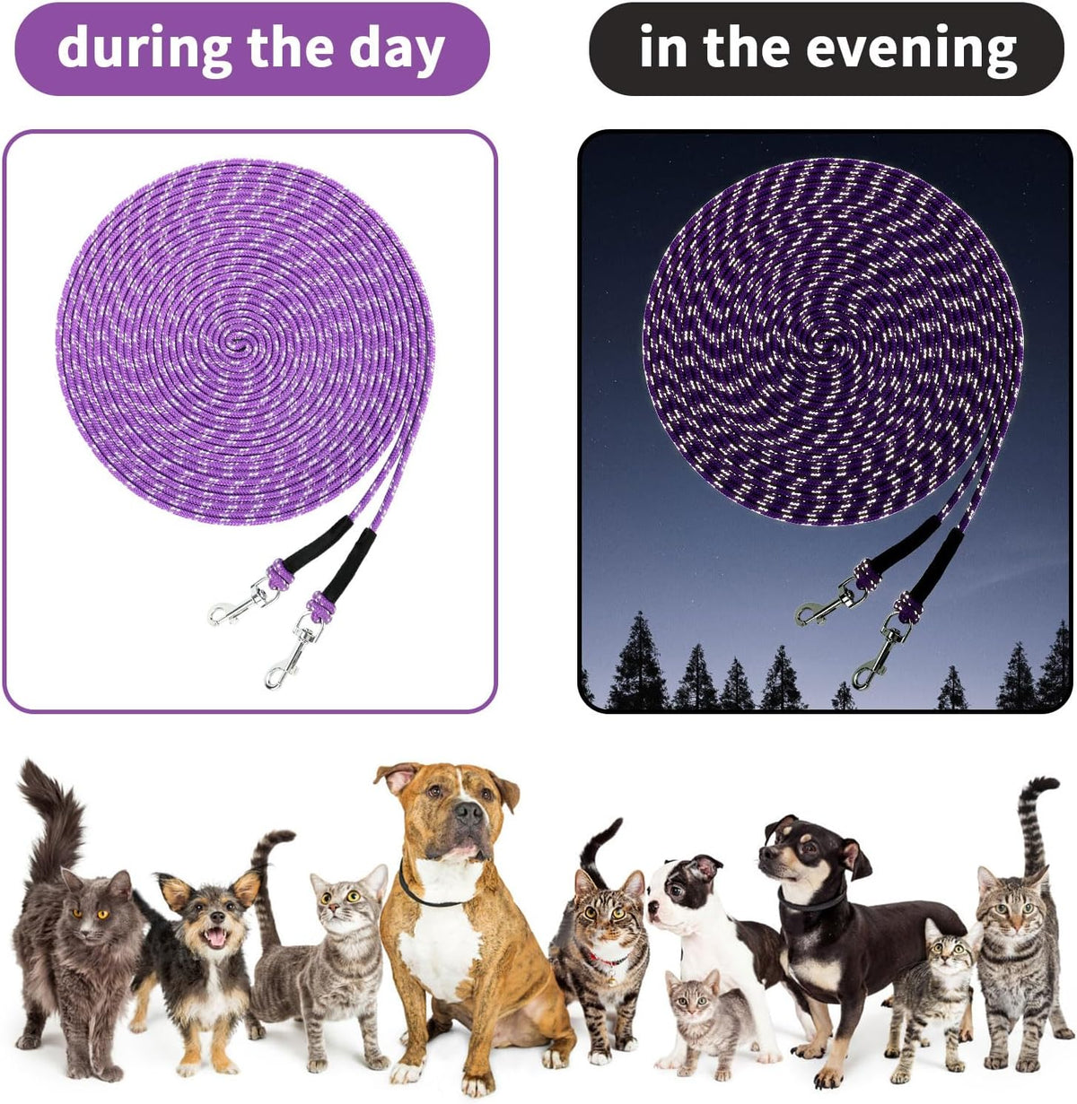 Reflective Cat Long Leash 15 FT, Outdoor Backyard Cat Tie Out Lead,Purple